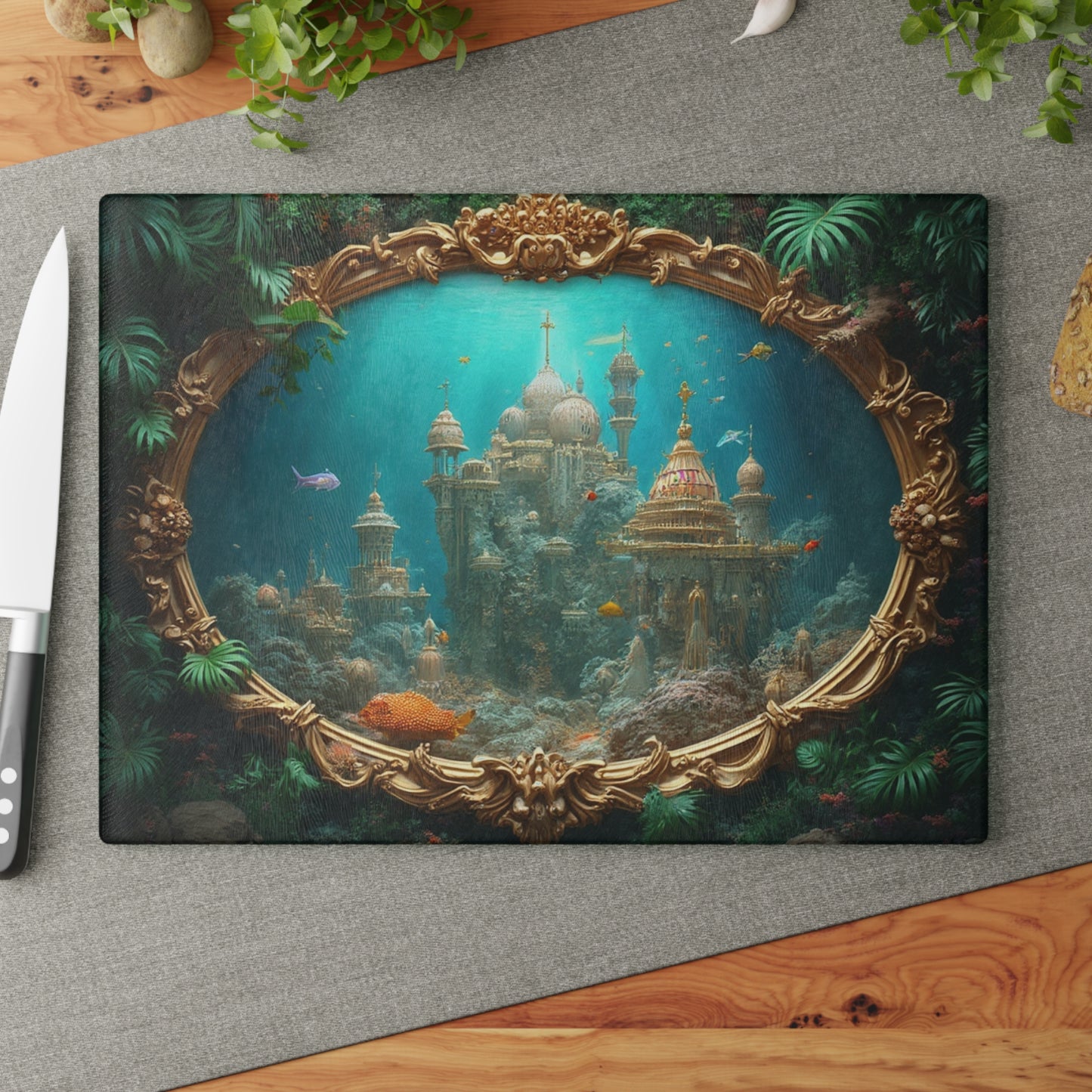 Glass Cutting Board, 2 sizes - Mermaid Palace, Aegean Sea