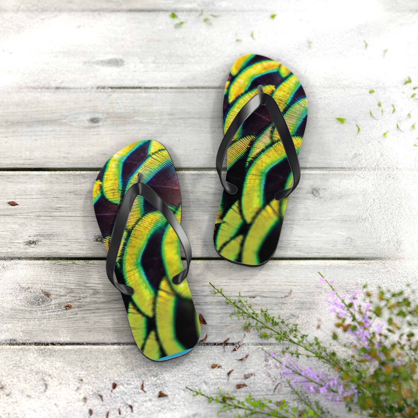 Flip Flops - Yellow Peacock Feathers