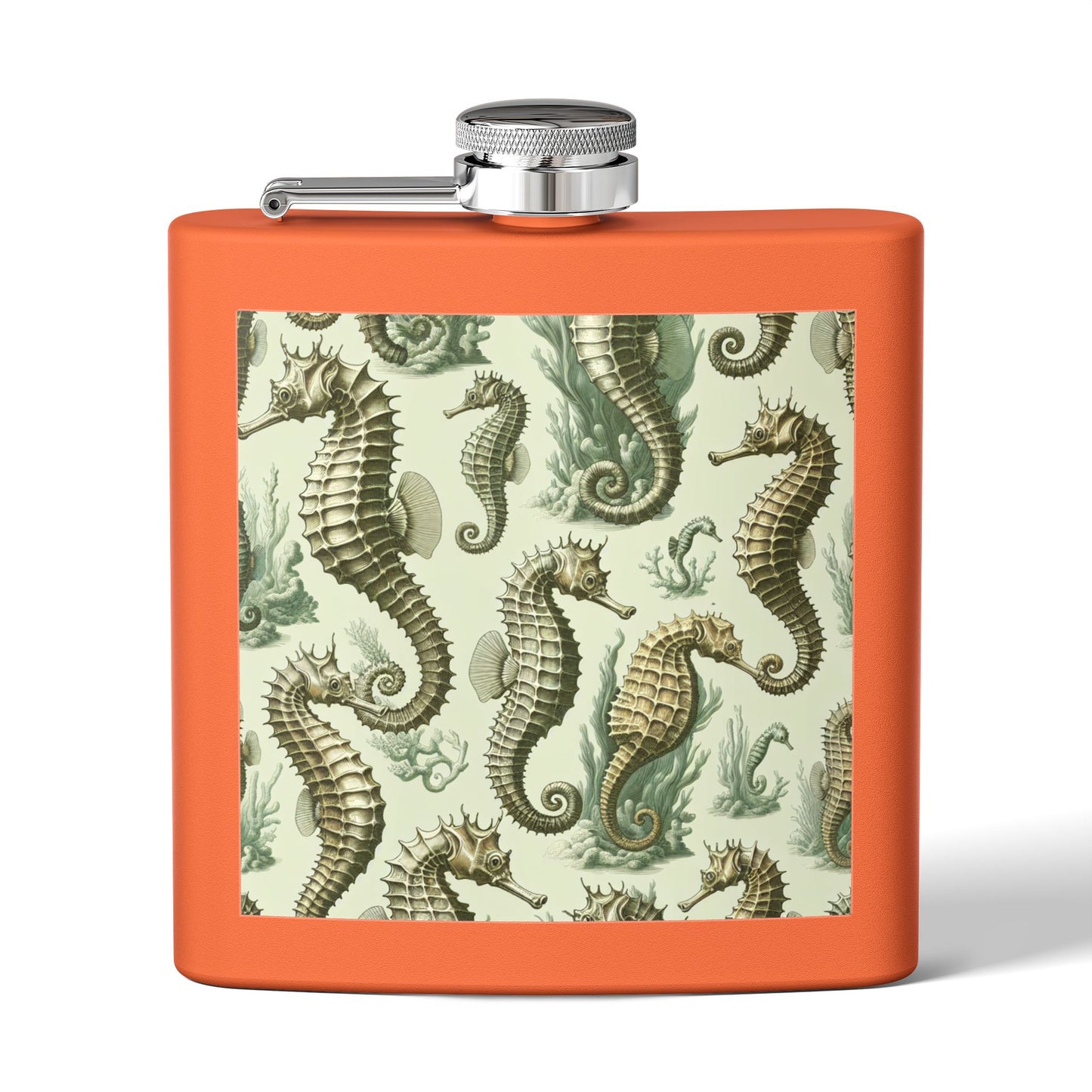 Tropical Stainless Steel 6 oz. Flask, Many Colors  – Green Toile Seahorses