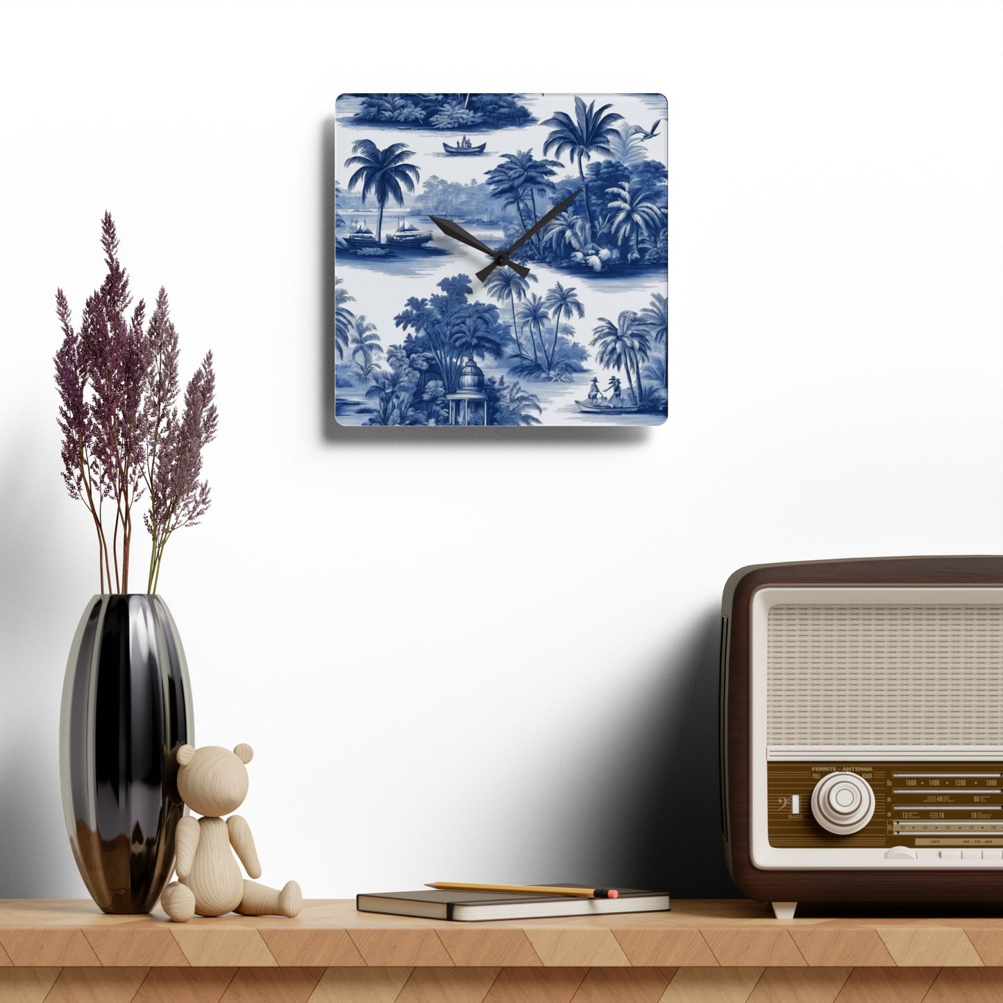 Acrylic Wall Clock, Tropical Toile Blue, 4 Variants