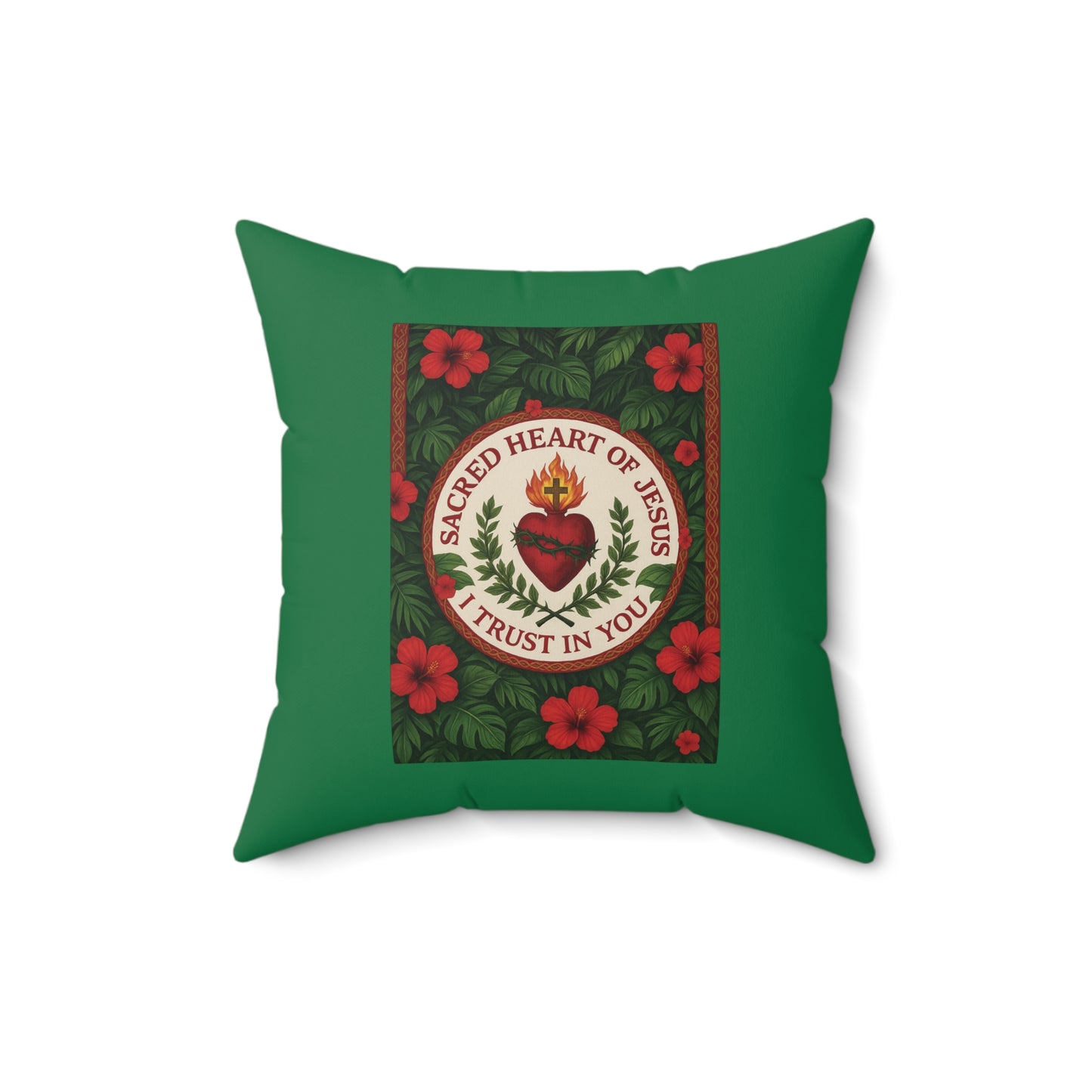 Religious Decorative Pillow - Accent Cushion, 4 Sizes / Sacred Heart of Jesus Prayer, Dark Green