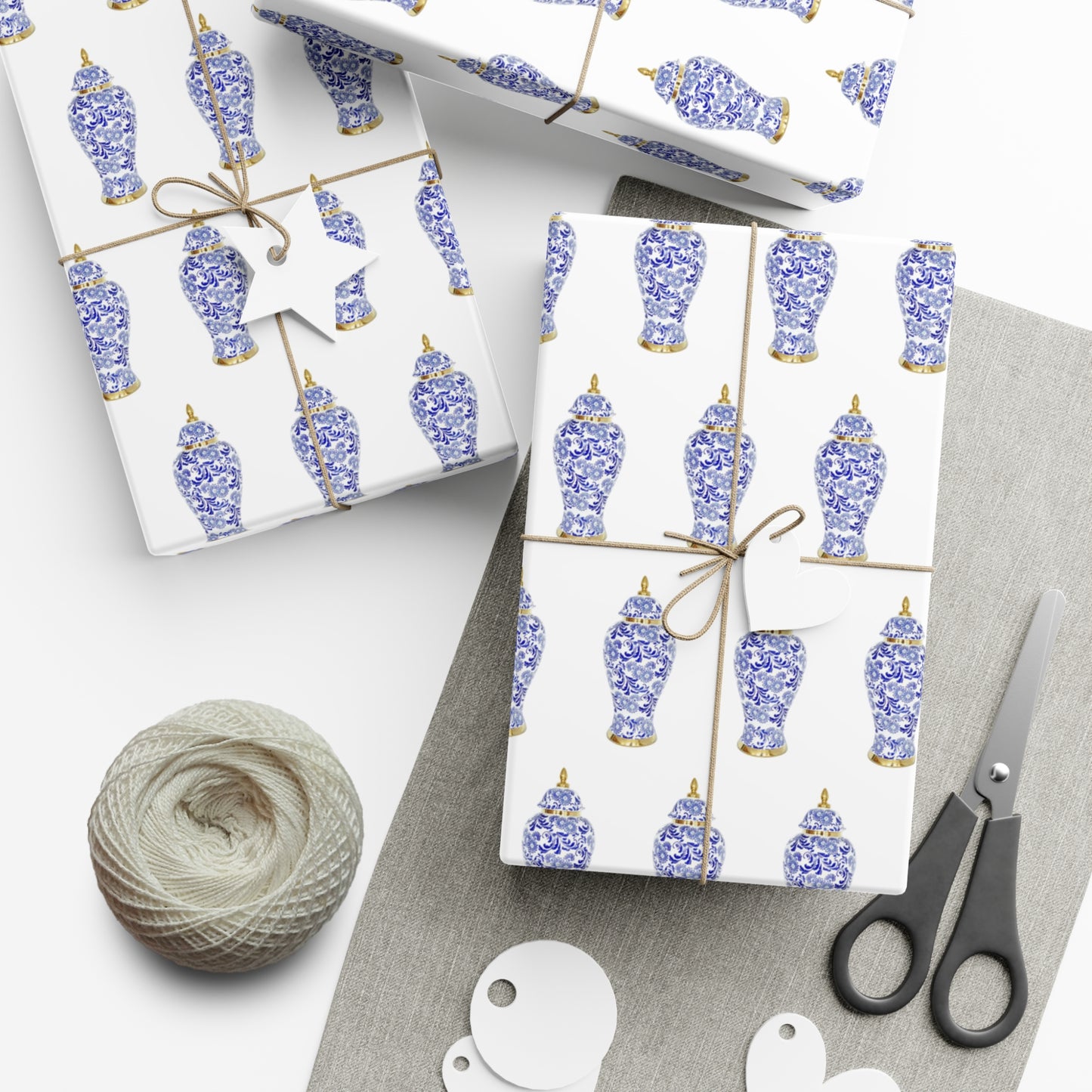 Wrapping Paper - Tropical Gift Wrap for All Occasions / 3 Sizes, 2 Finishes / Blue and White Ginger Jar