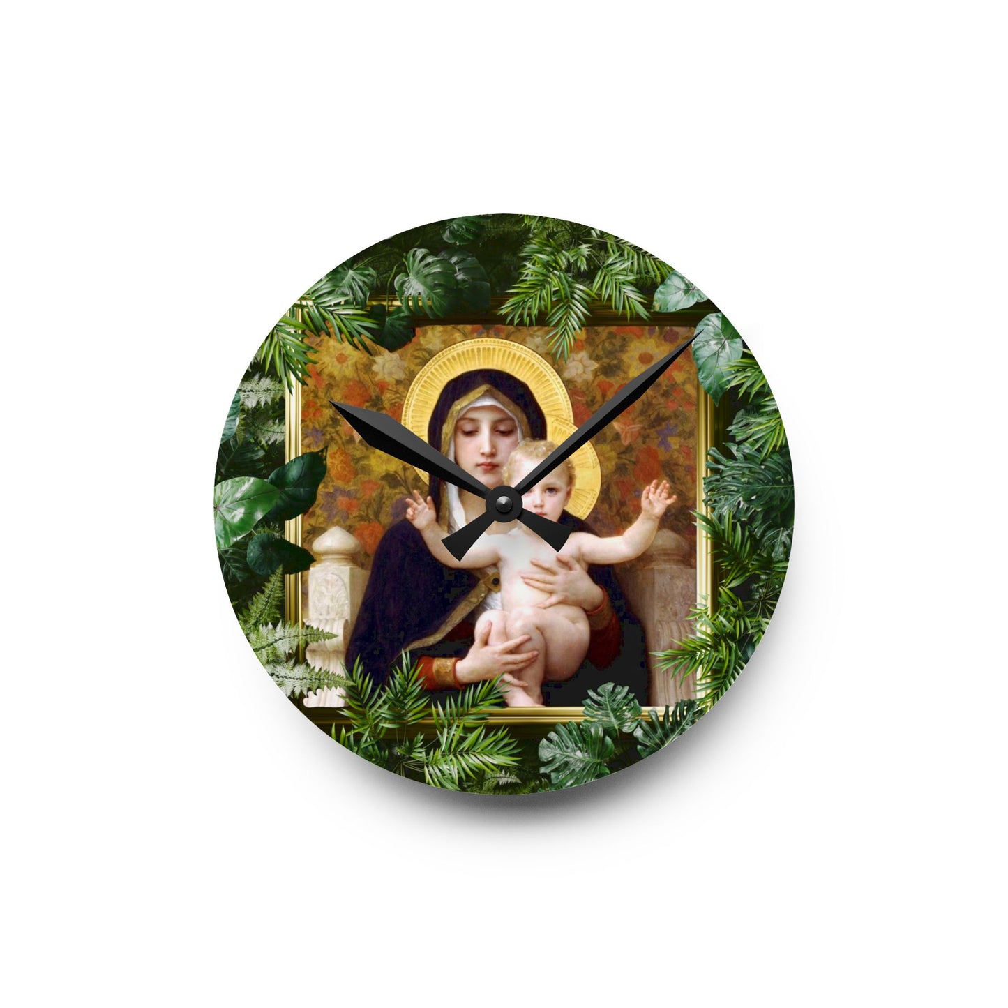 "Tropical Rainforest Madonna of Lilies" Acrylic Wall Clock - Elegant Religious Decor for Home and Office