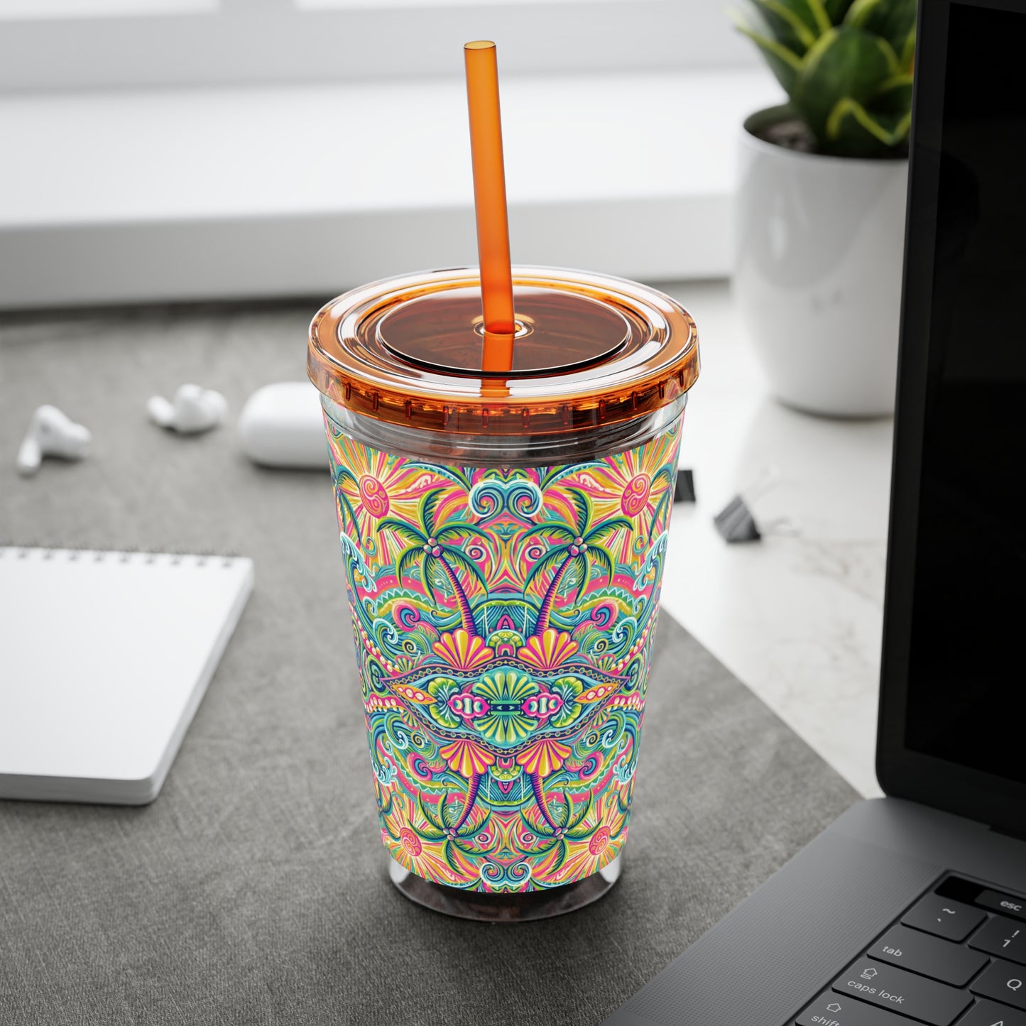 Tropical Tumbler with Straw | 16oz Colorful Travel Cup / Kaleido Bay