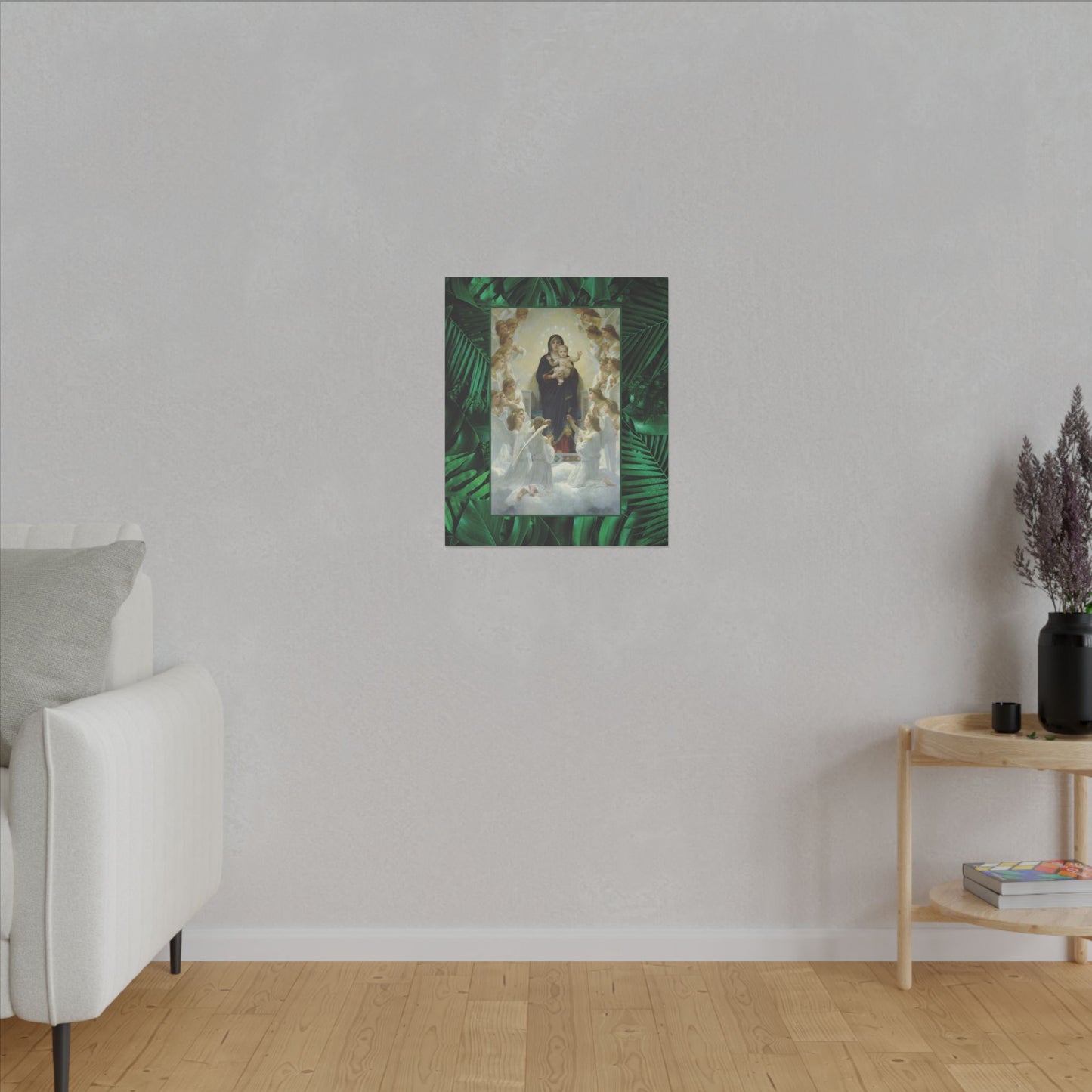 "Tropical Rainforest Our Lady With Angels" Religious Canvas Artwork - Stretched Canvas Print / Virgin Mary & Jesus