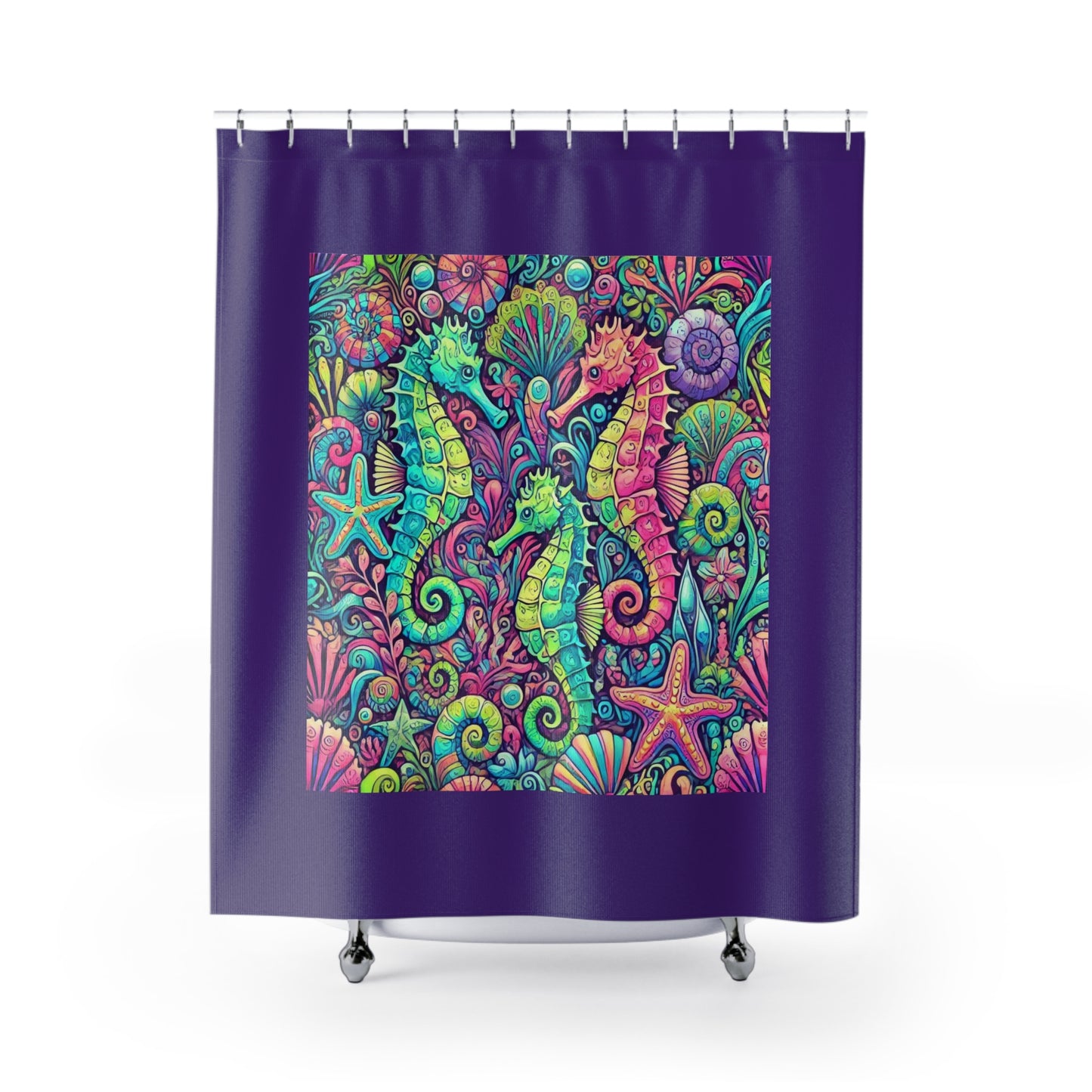Tropical Shower Curtain - Rainforest Bathroom Decor / Seahorse Trio/Purple