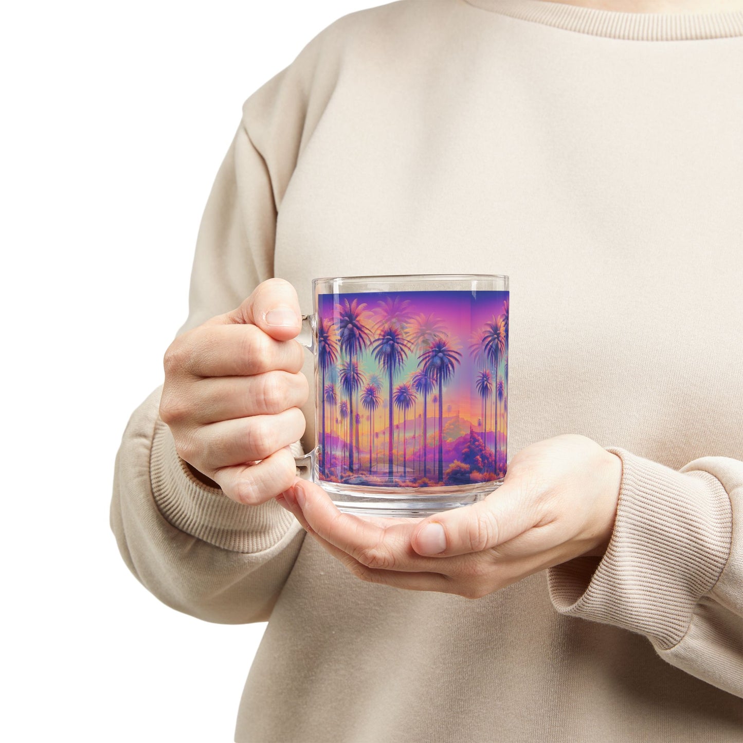 Tropical Glass Mug - 10oz Coffee Cup / Sunset Palms