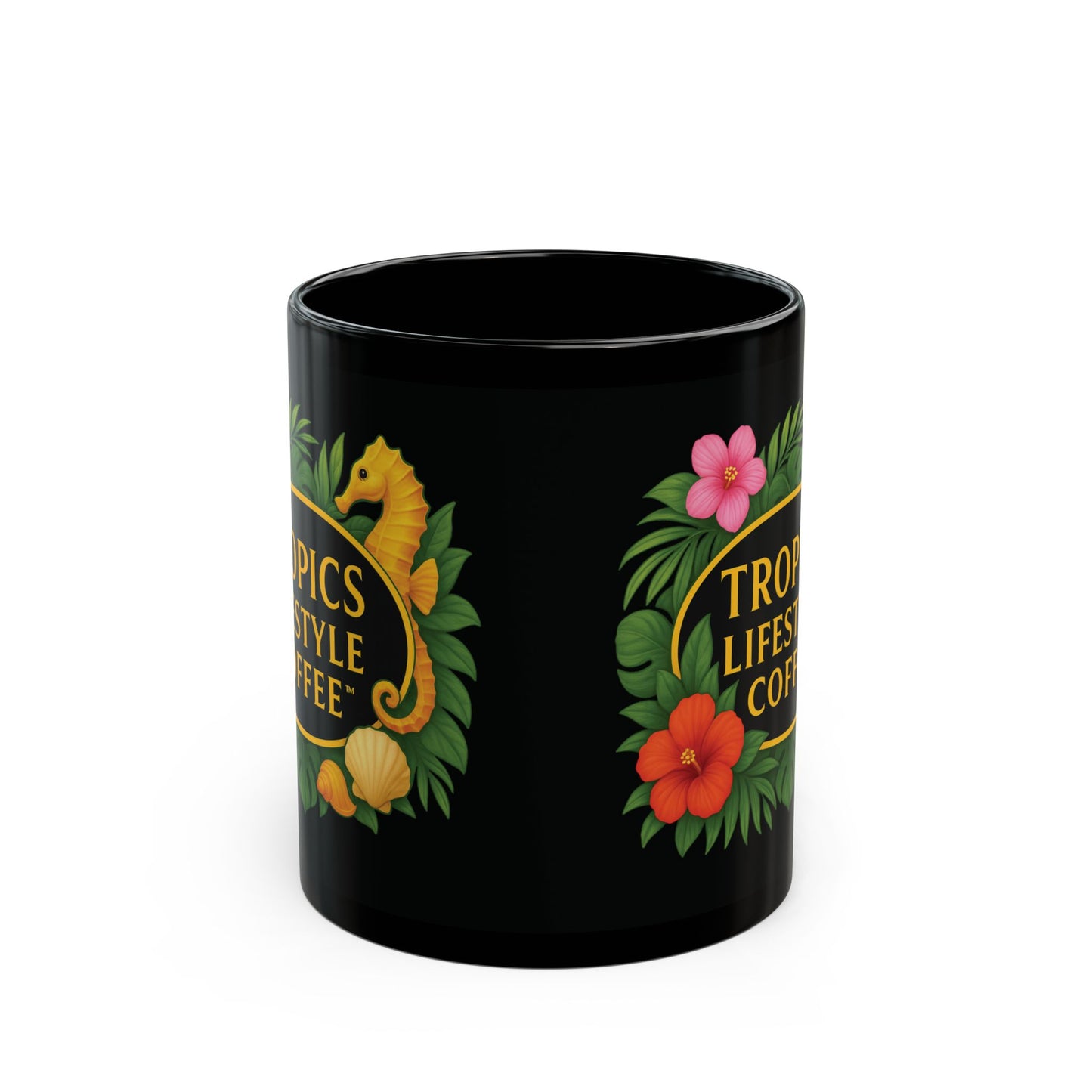 Black Coffee Mug - Seahorse Fantasy, Black /TLCoffee Logo