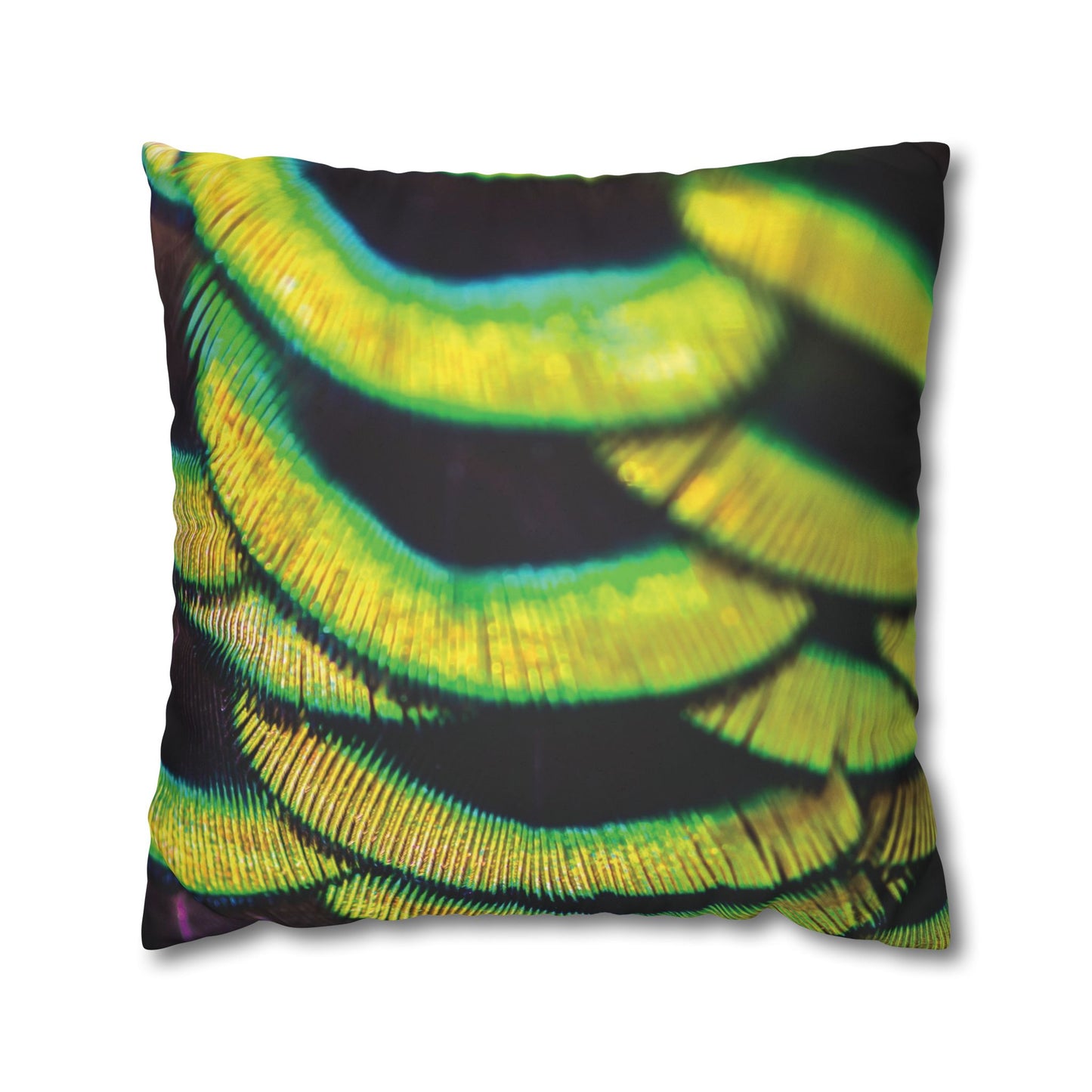 Faux Suede Square Pillowcase - Yellow Peacock Feathers