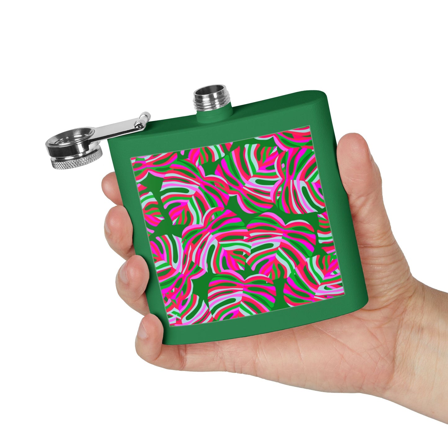 Tropical Stainless Steel 6 oz. Flask, Many Colors  – Neon Monstera Party