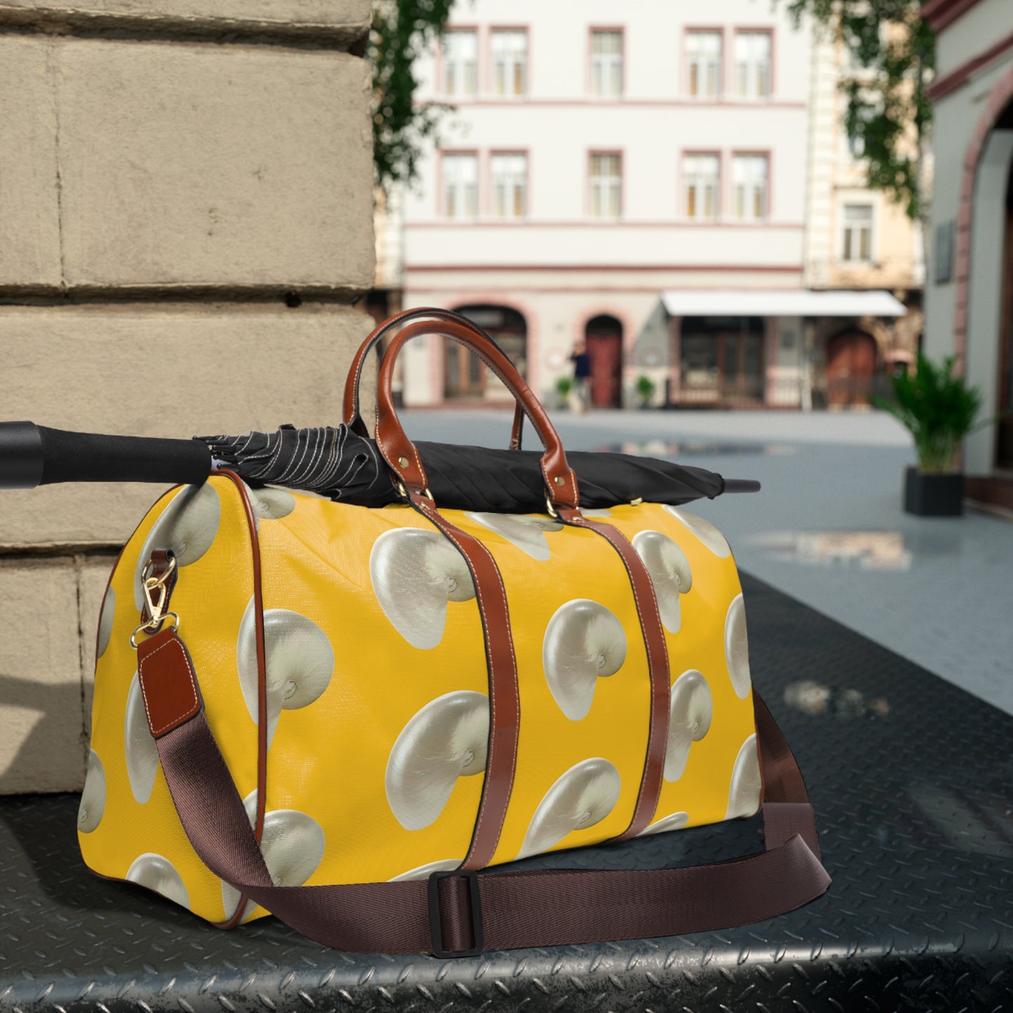 Tropical Waterproof Travel Bag - Perfect for Beach Getaways / Real White Nautilus Shells, Yellow