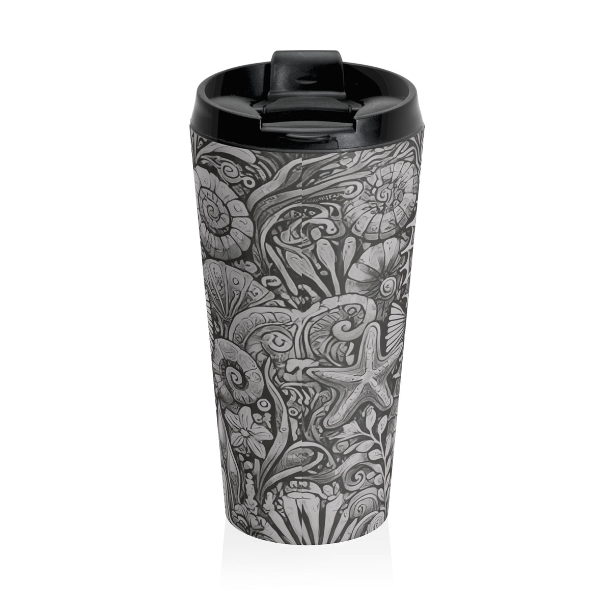 15 oz. Stainless Steel Travel Mug / Seahorse Trio, Noir Black