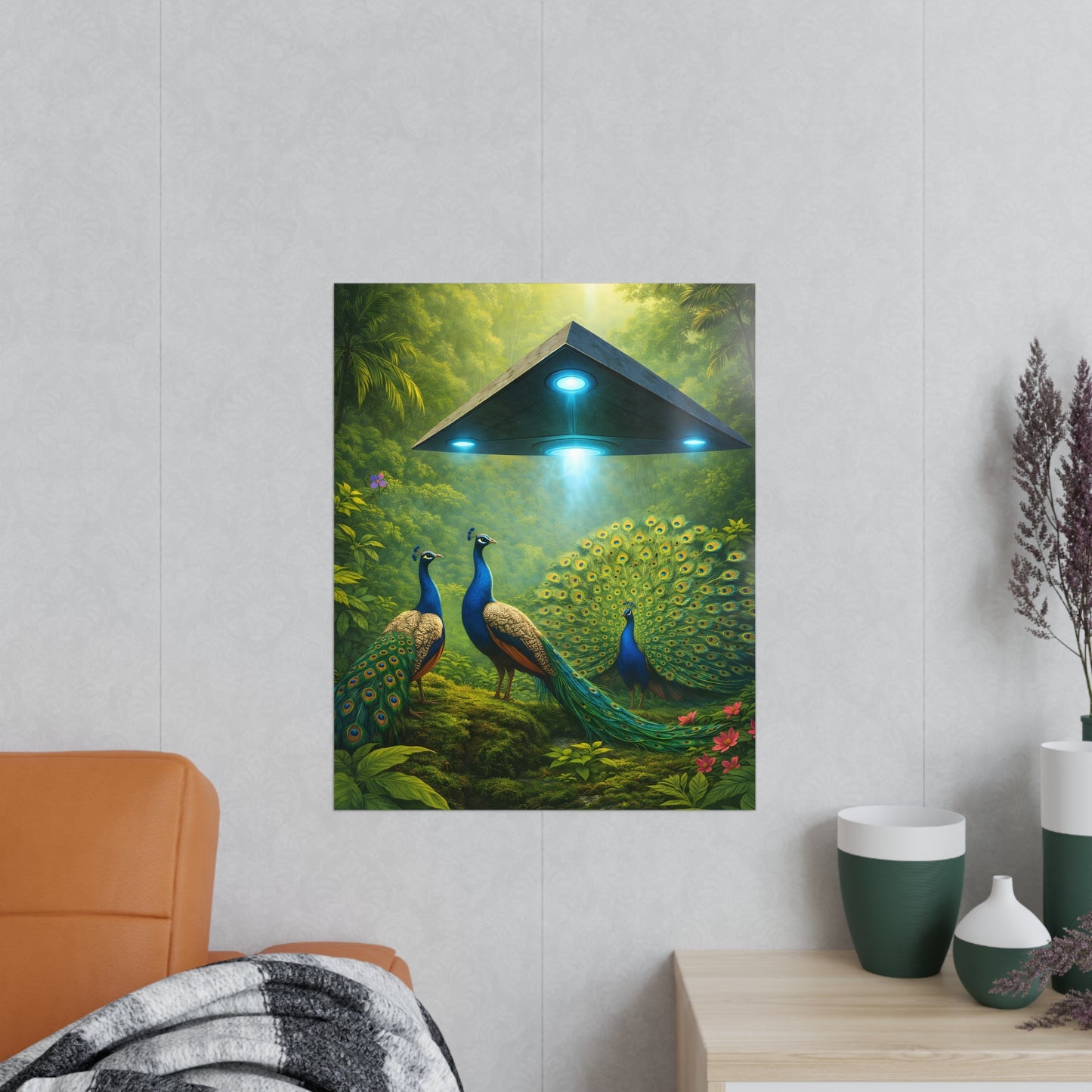 Photopaper Poster — UFO & Peacocks Sci‑Fi Wall Art