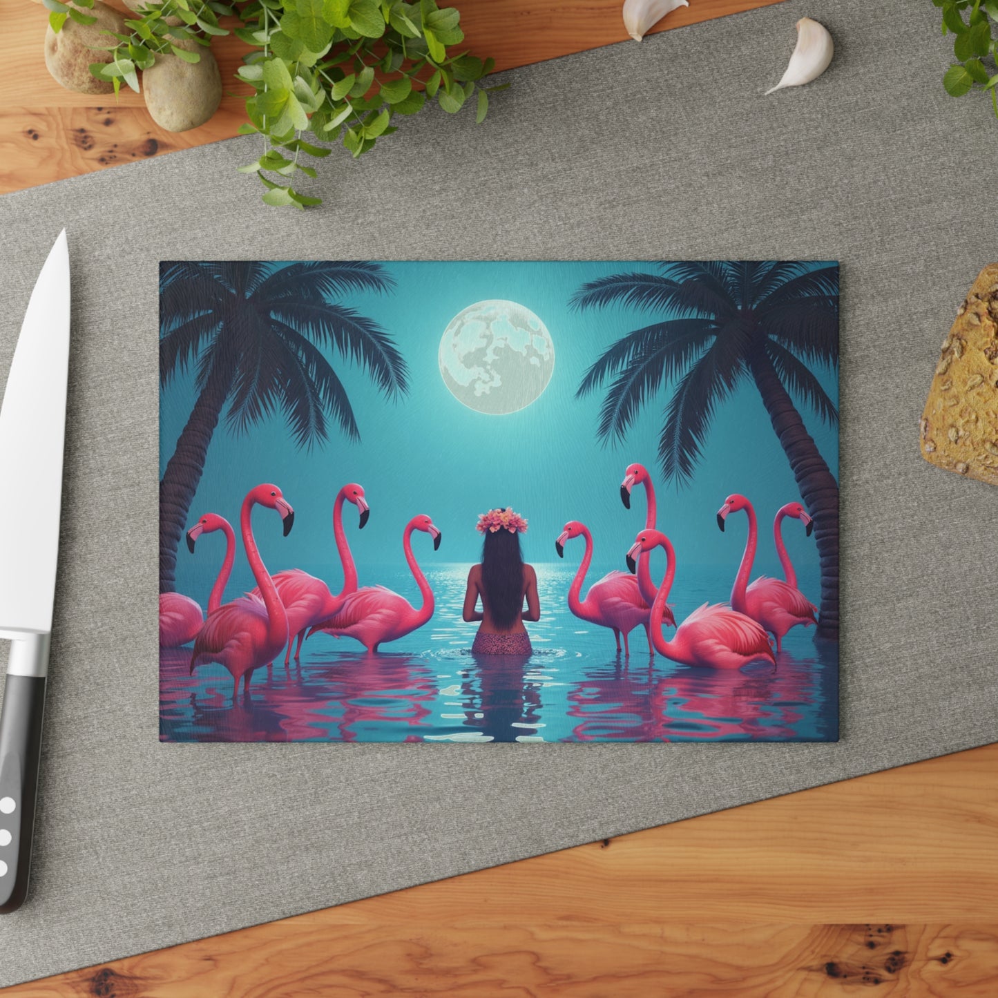 Glass Cutting Board, 2 sizes - Moonlit Mermaid and Flamingos
