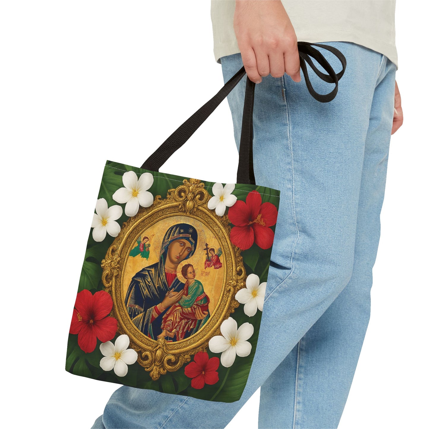Religious Art Polyester Tote Bag, 3 Sizes / Our Lady of Perpetual Help, Red Flowers