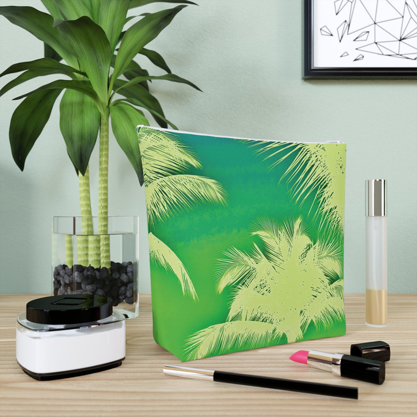 Tropical Cotton Cosmetic Bag, Makeup Pouch, 5 Sizes / Palm Glow, Green