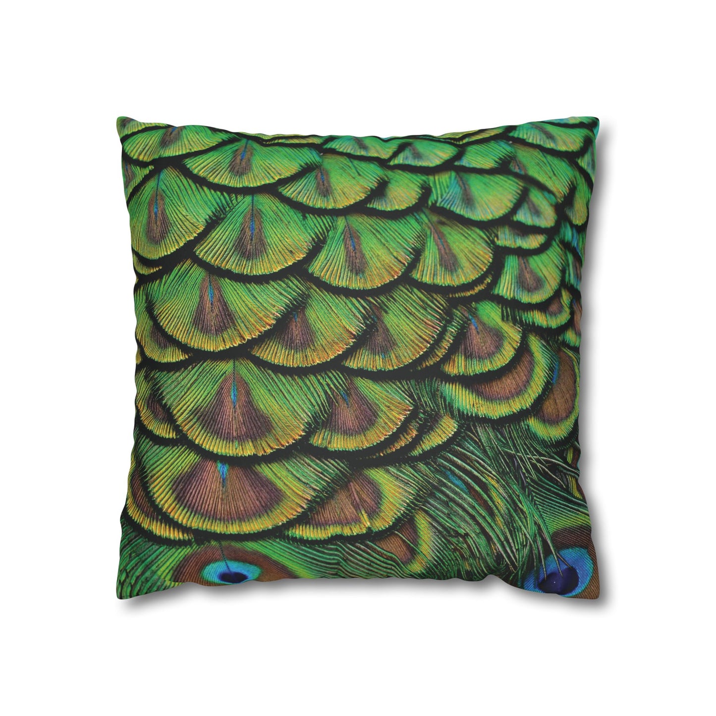 Faux Suede Square Pillowcase - Majestic Green Peacock Feathers