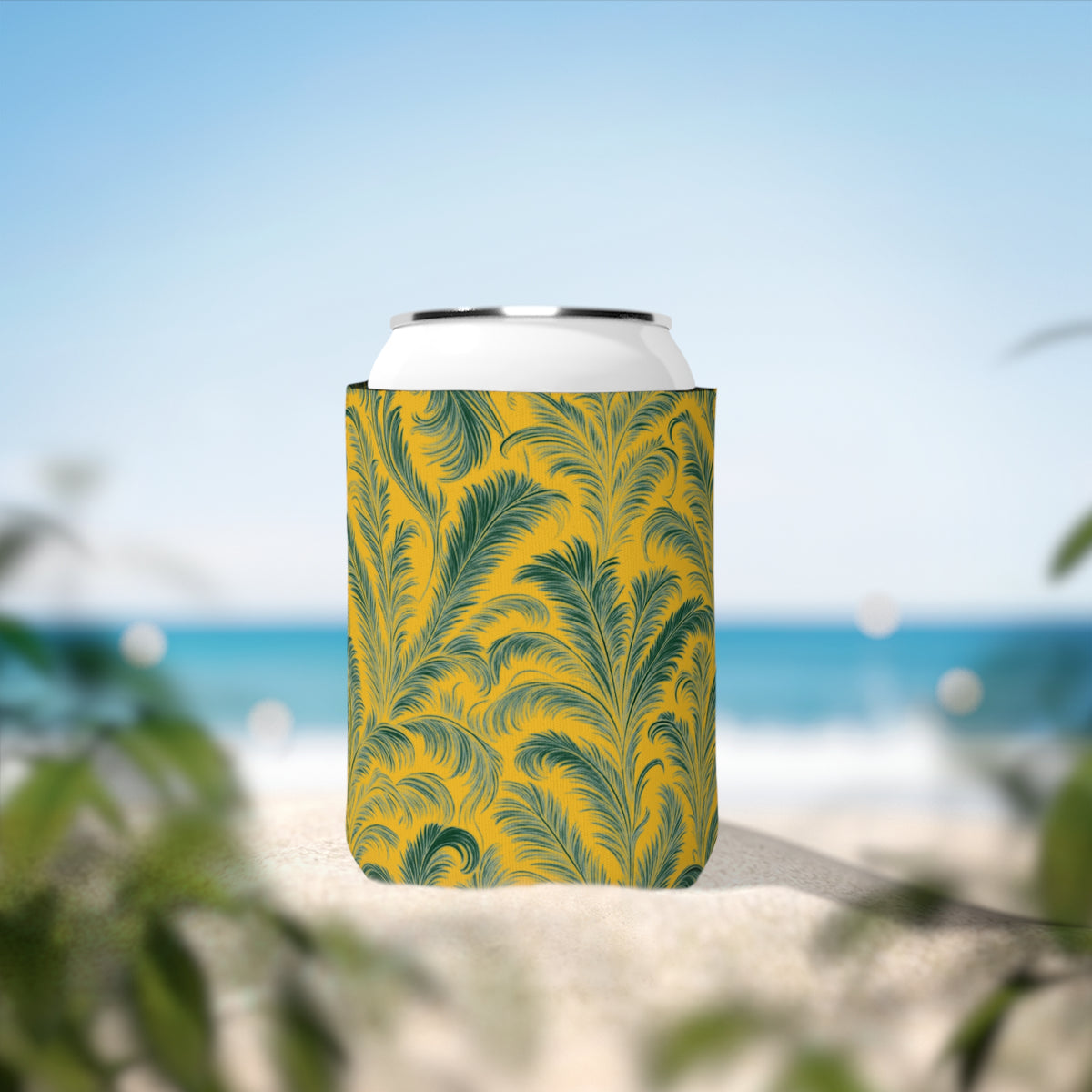 Rocco Greens/Yellow Can Cooler Sleeve - Perfect for Outdoor Picnics