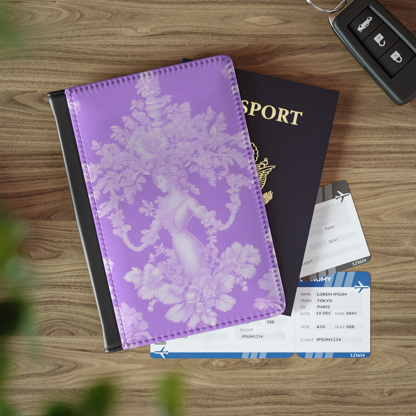 Tropical Passport Cover, Faux Leather - RFID blocking for travel security / Pearl Lady Toile, Amethyst