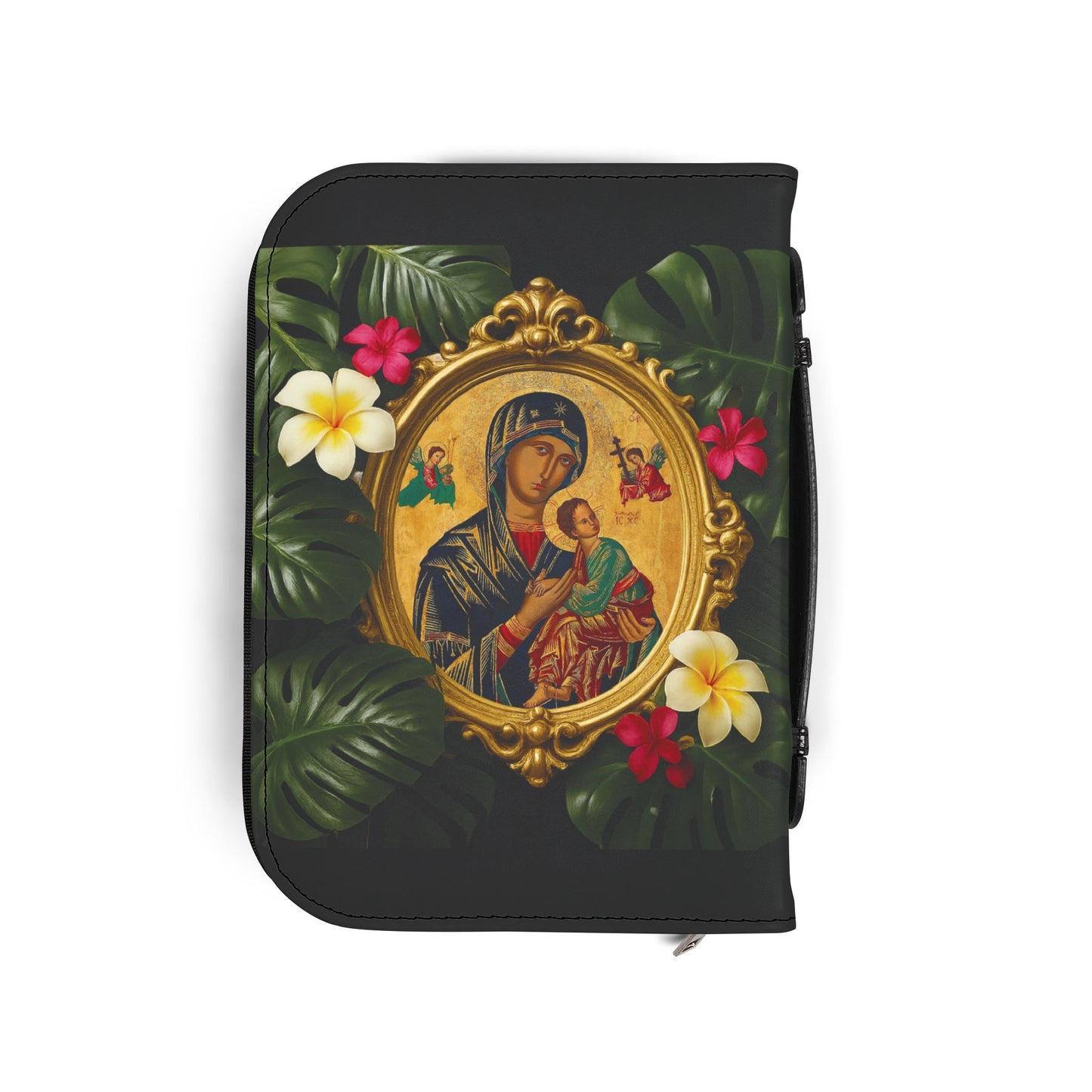 Tropical Bible Cover, Our Lady of Perpetual Help Black / Floral Bible Protector, Church Accessories