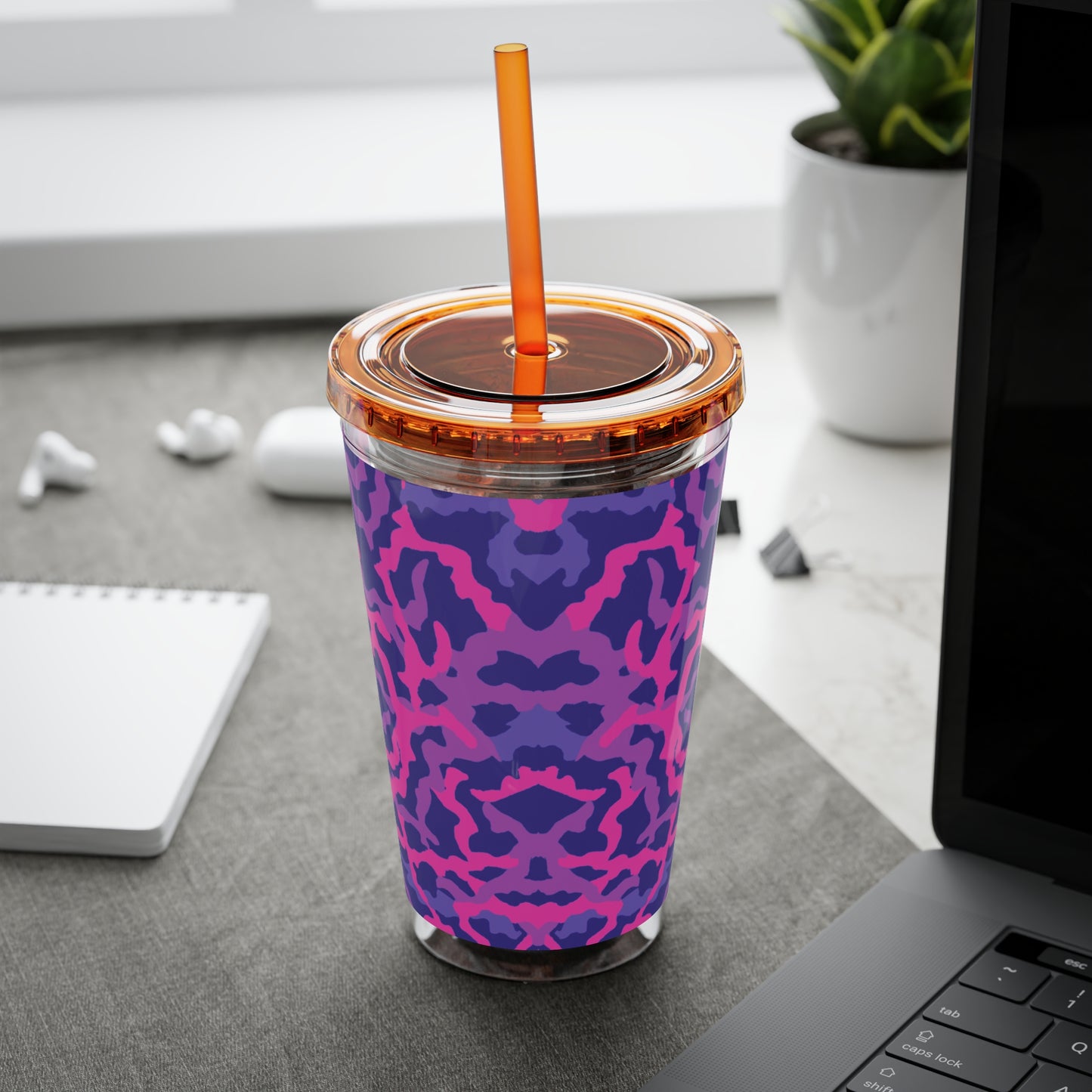 Tropical Tumbler with Straw | 16oz Colorful Travel Cup / Coral Threads, Heatwave