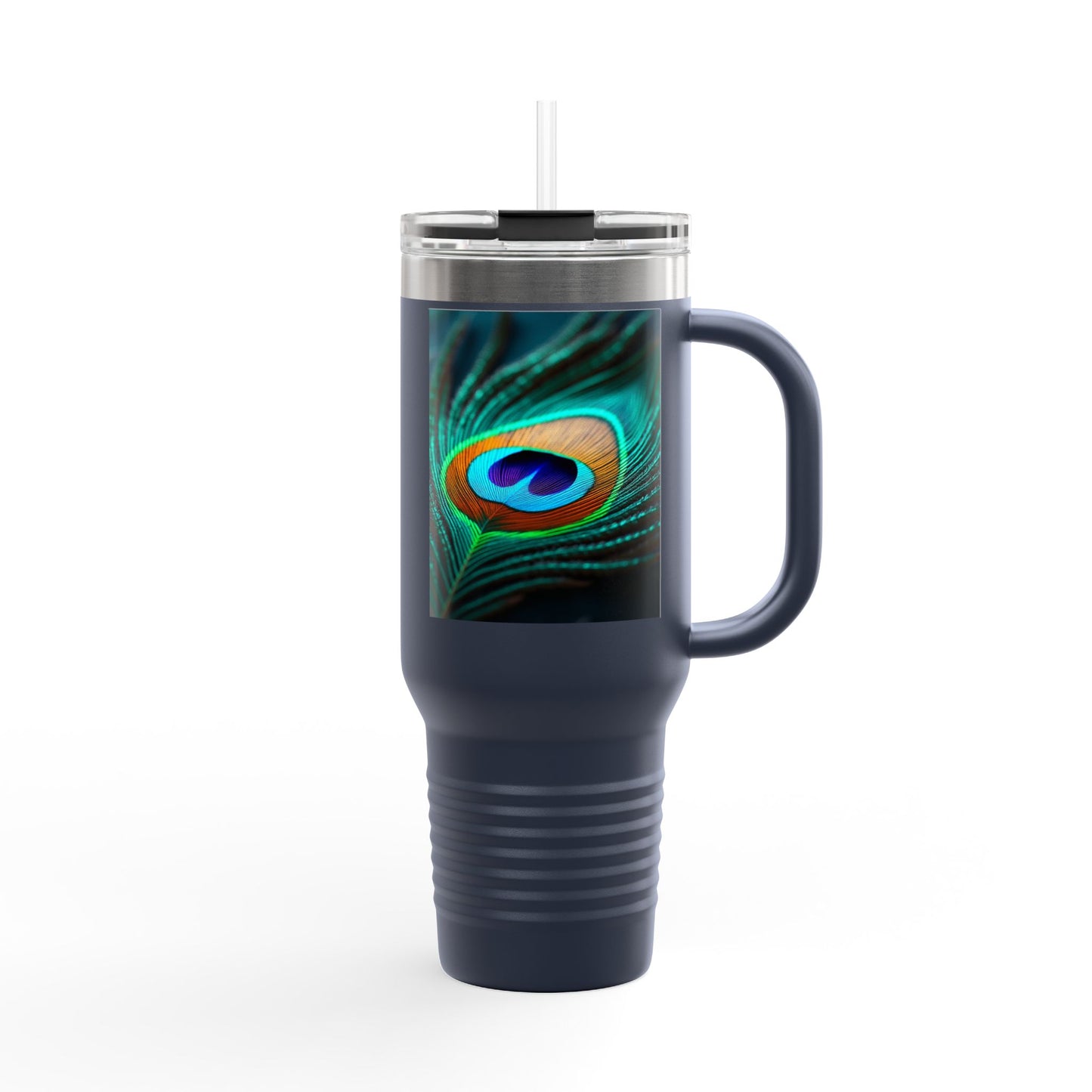 Insulated Travel Mug, 40oz / Peacock Eye Feather, Turquoise- Perfect for Outdoor Adventures