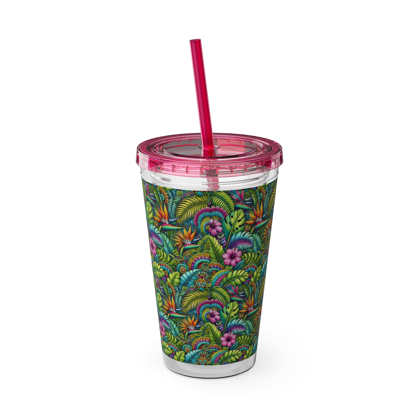 Tropical Tumbler with Straw | 16oz Colorful Travel Cup / Rainforest Blooms