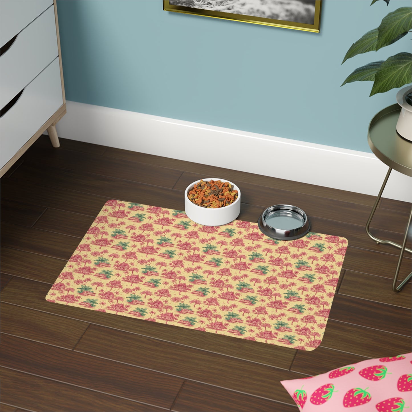 Pet Food Mat (12x18), Tropical Huts Toile