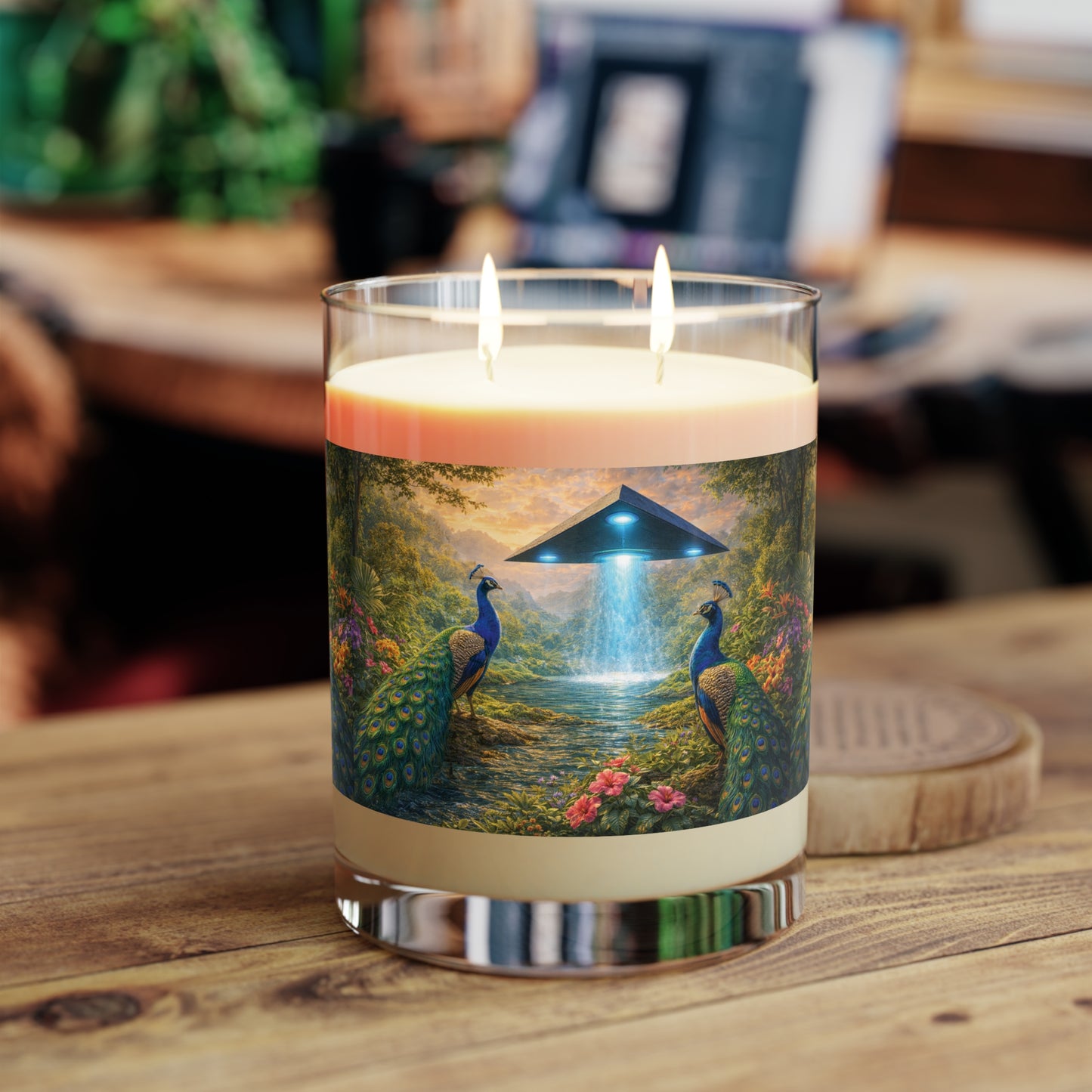 UFOs & Peacocks Scented Candle - 11oz Full Glass, Tropical Decor