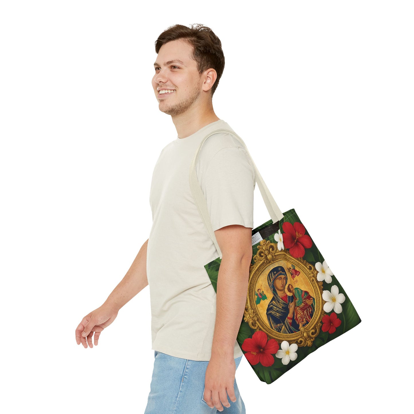 Religious Art Polyester Tote Bag, 3 Sizes / Our Lady of Perpetual Help, Red Flowers