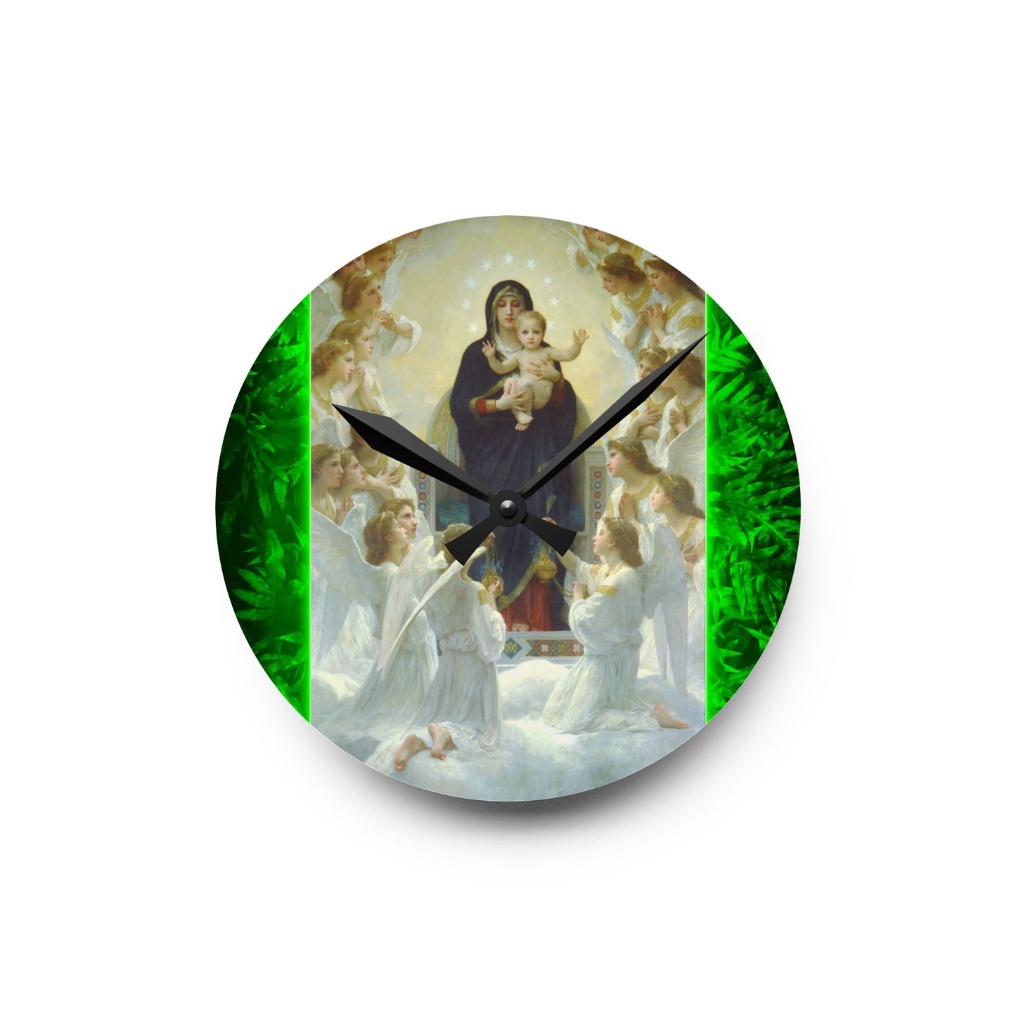 "Tropical Glow Our Lady Mary With Angels" Acrylic Wall Clock - Elegant Religious Decor for Home and Office