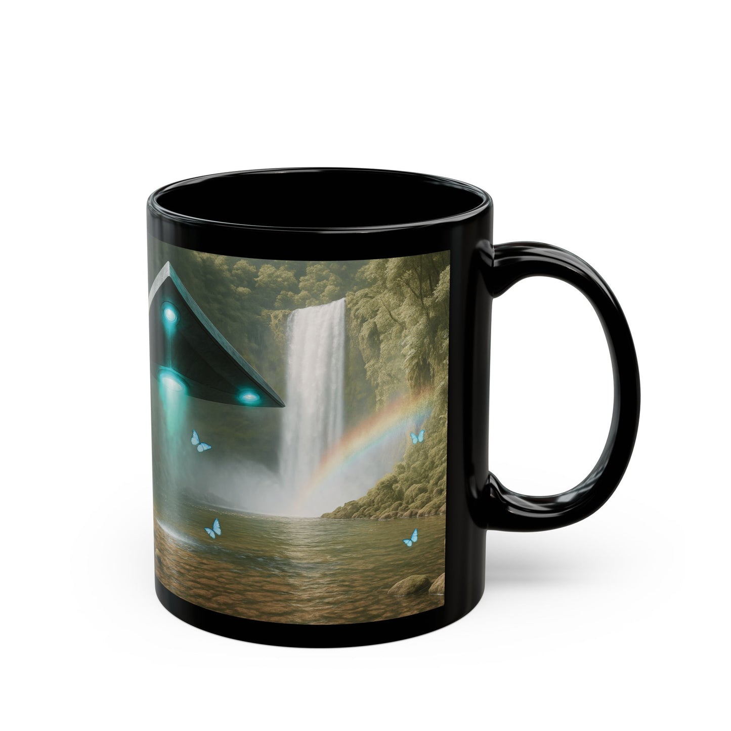 Black Coffee Mug - UFO and Waterfall