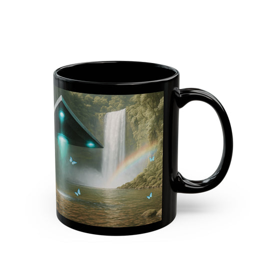 Black Coffee Mug - UFO and Waterfall