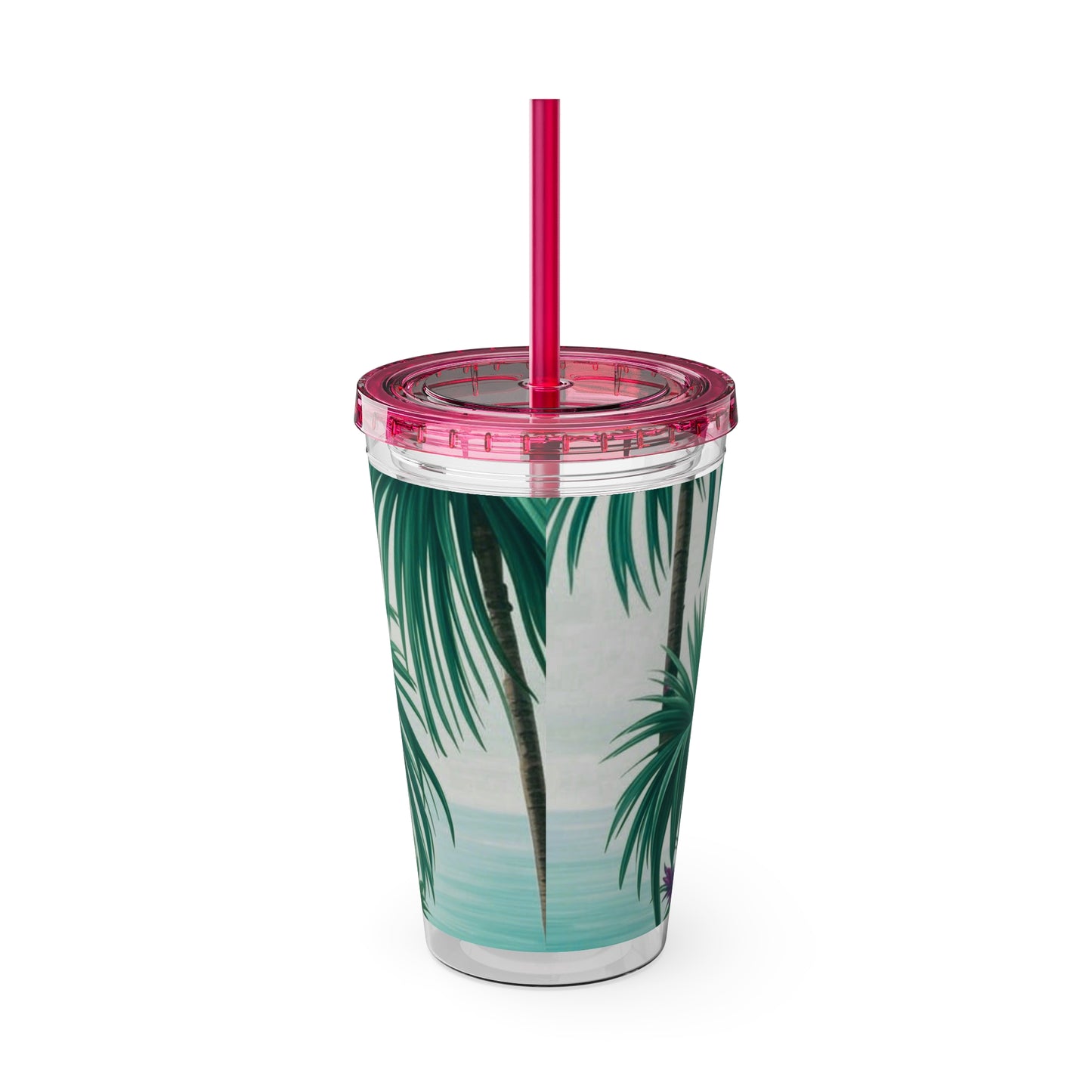 Tropical Tumbler with Straw | 16oz Colorful Travel Cup / Tiny Palm Island