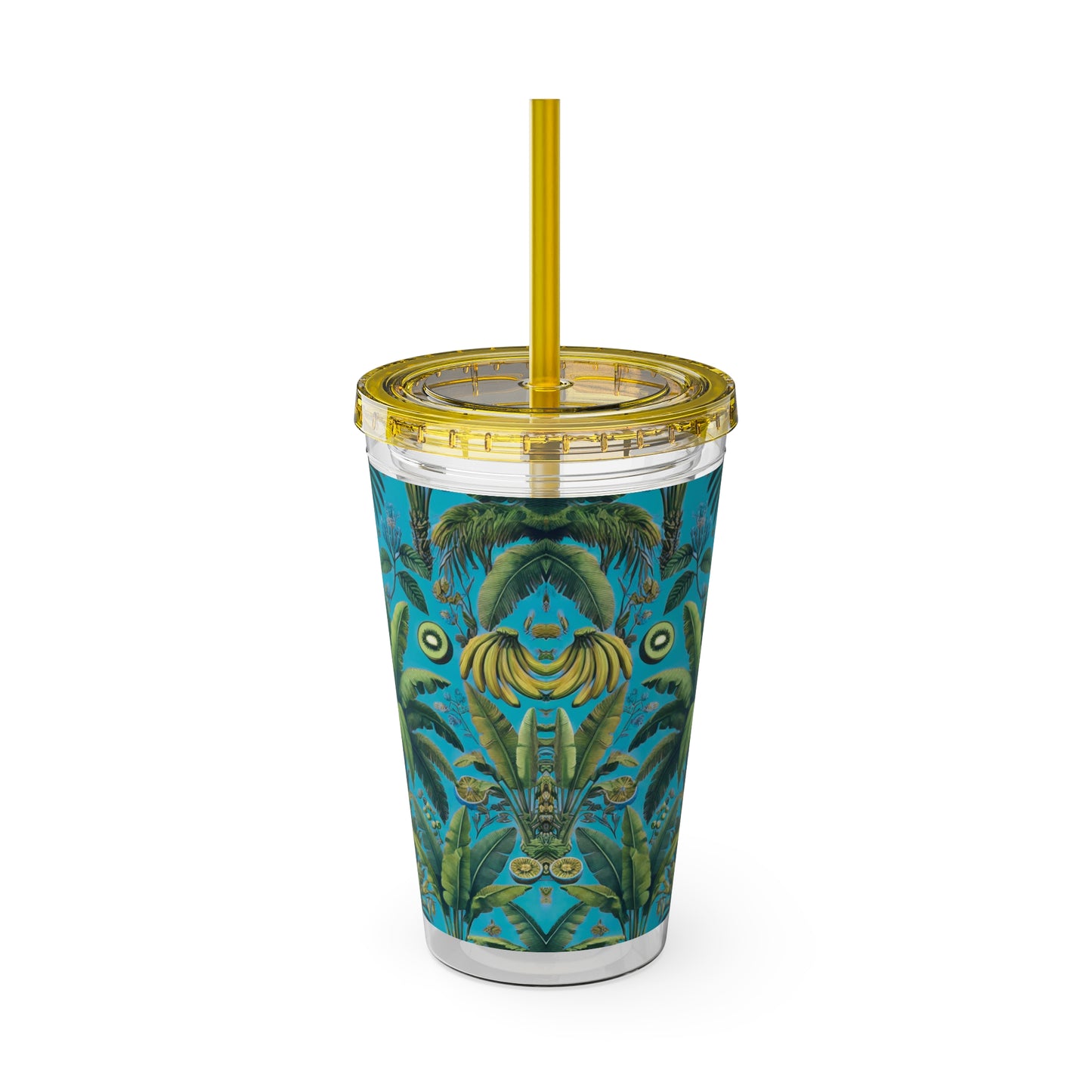 Tropical Tumbler with Straw | 16oz Colorful Travel Cup / More Tropical Fruit, Aqua Blue