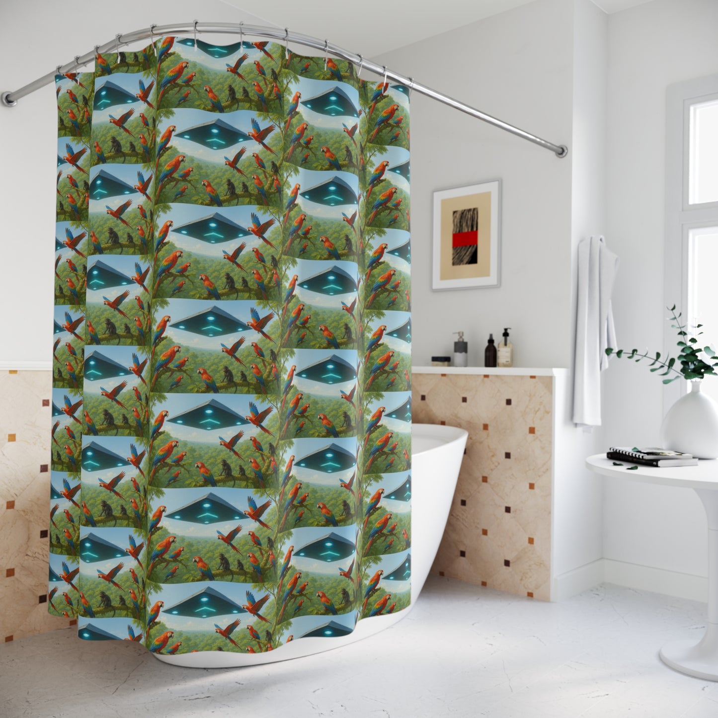 Tropical Shower Curtain - Rainforest Bathroom Decor / UFO and Macaws