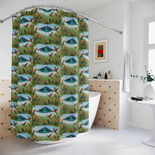 Tropical Shower Curtain - Rainforest Bathroom Decor / UFO and Macaws