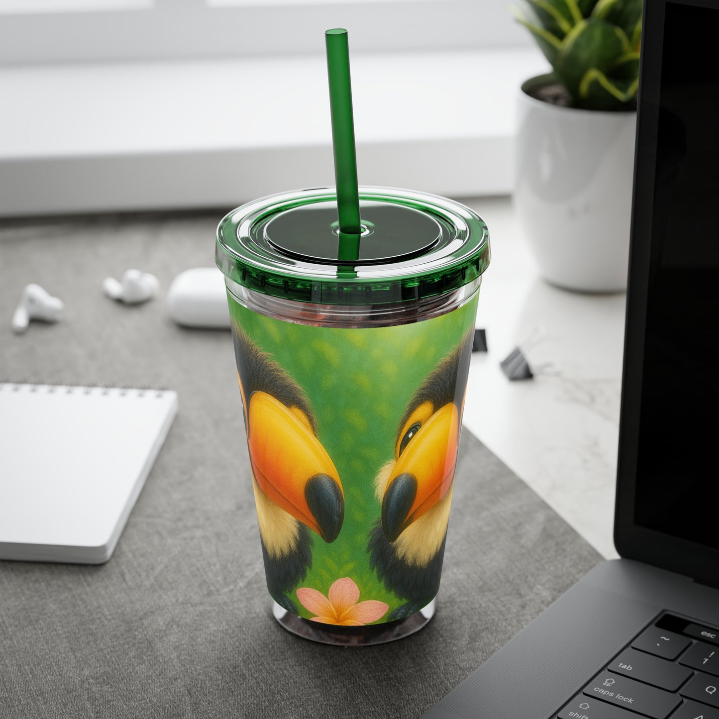 Tropical Tumbler with Straw | 16oz Colorful Travel Cup / Baby Toucans