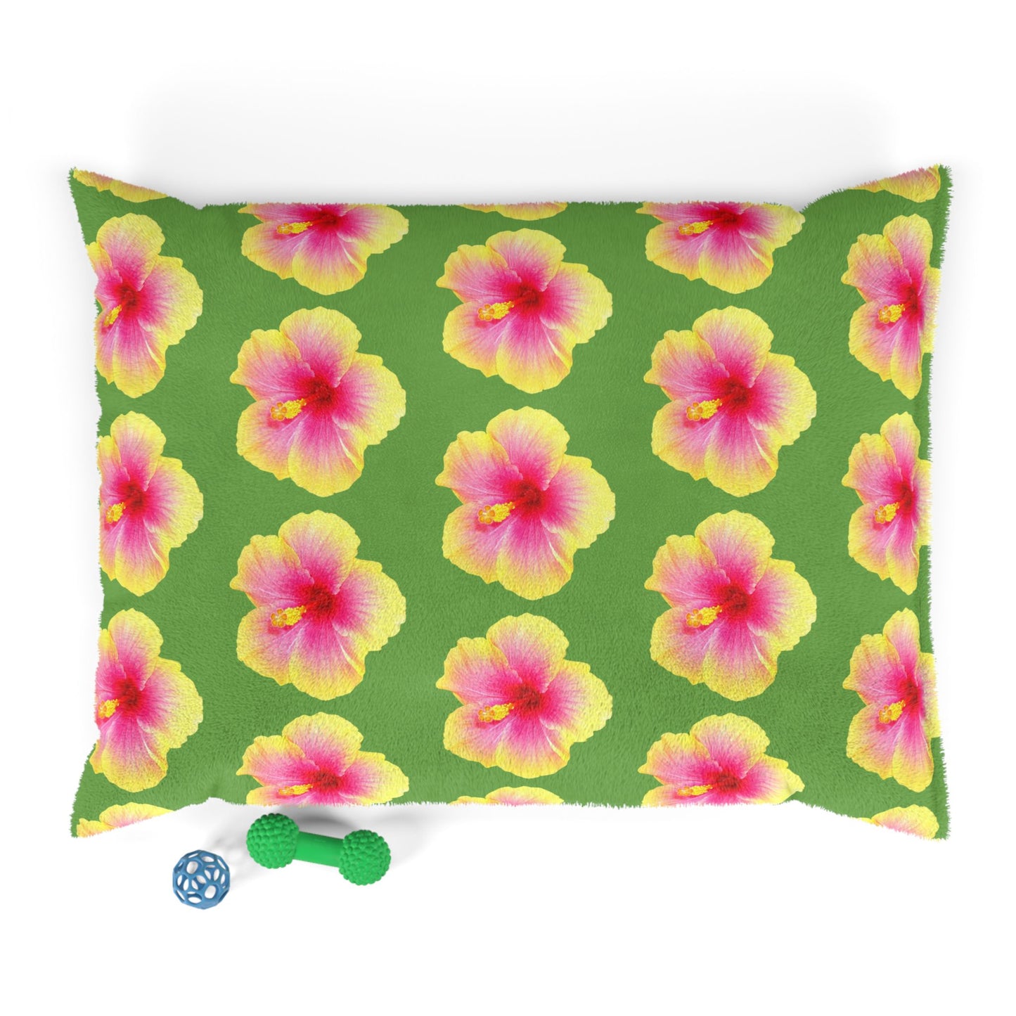Pet Bed - Cozy and Fun Dog or Cat Bed for Beach Lovers / Real Yellow & Pink Hibiscus/Lt. Green