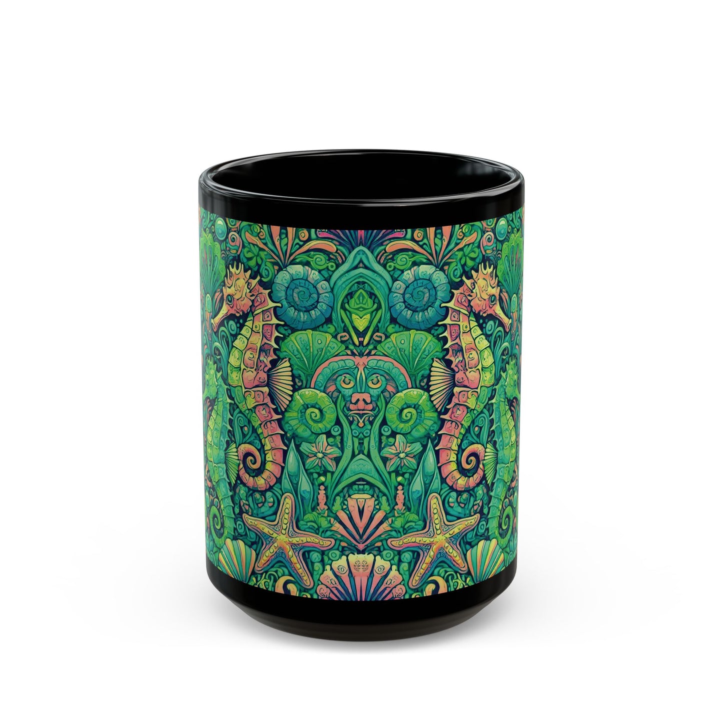 Black Coffee Mug - Seahorse Trio, Lime
