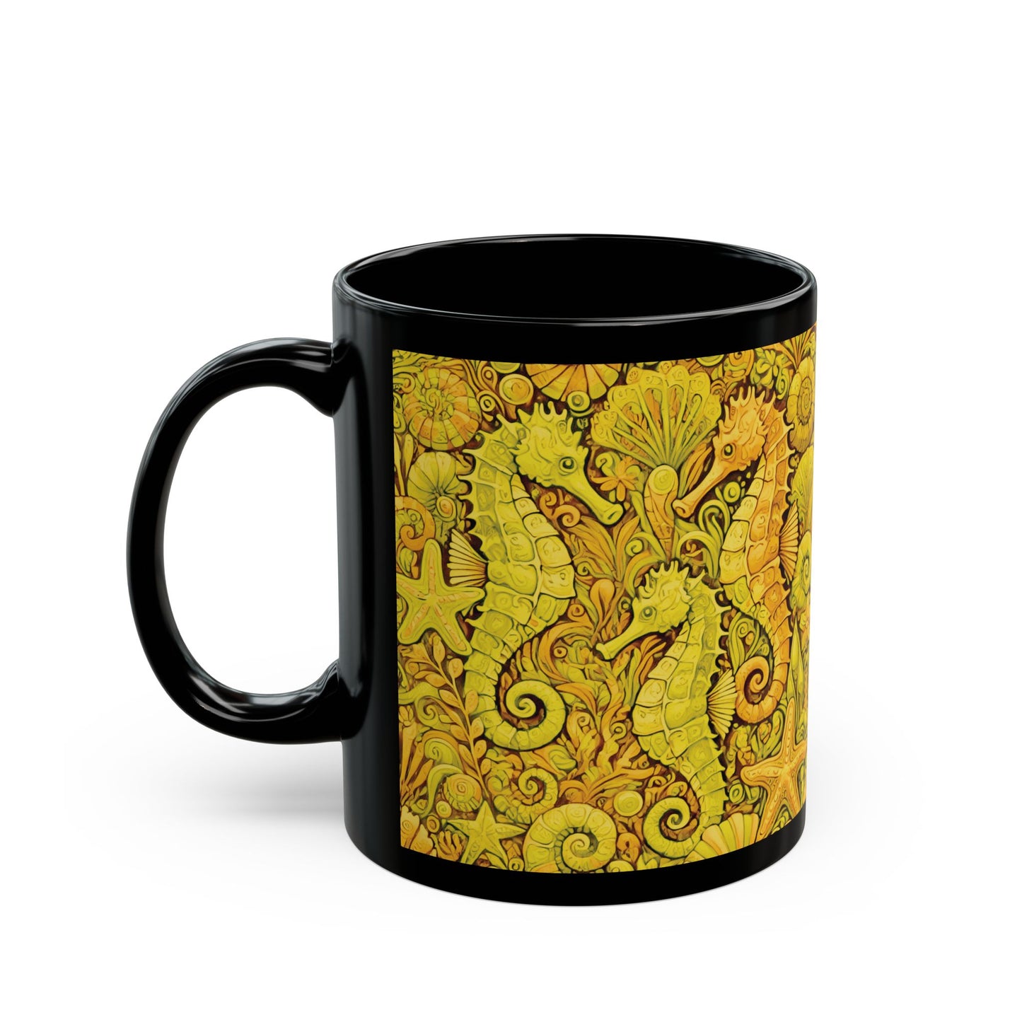 Black Coffee Mug - Seahorse Fantasy, Yellow