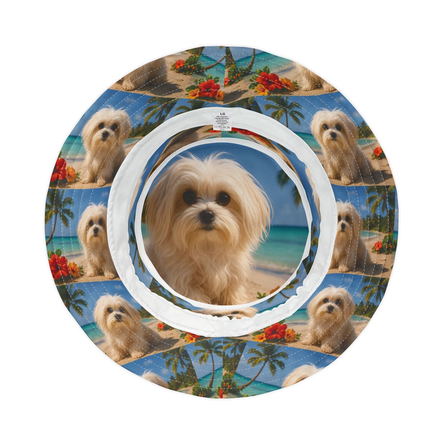 Tropical Polyester Bucket Hat, 2 Sizes - Puppy Ariel the Dog at the Beach