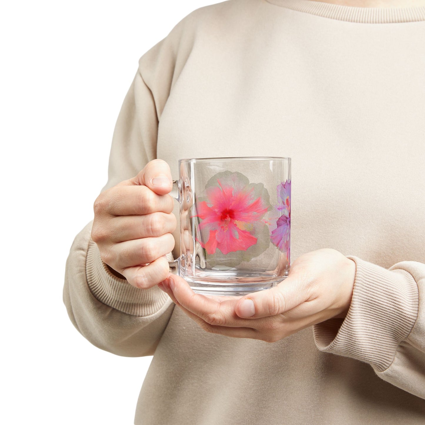 Glass Mug - 10oz, Perfect for Rainforest Lovers / Real Hibiscus Flowers
