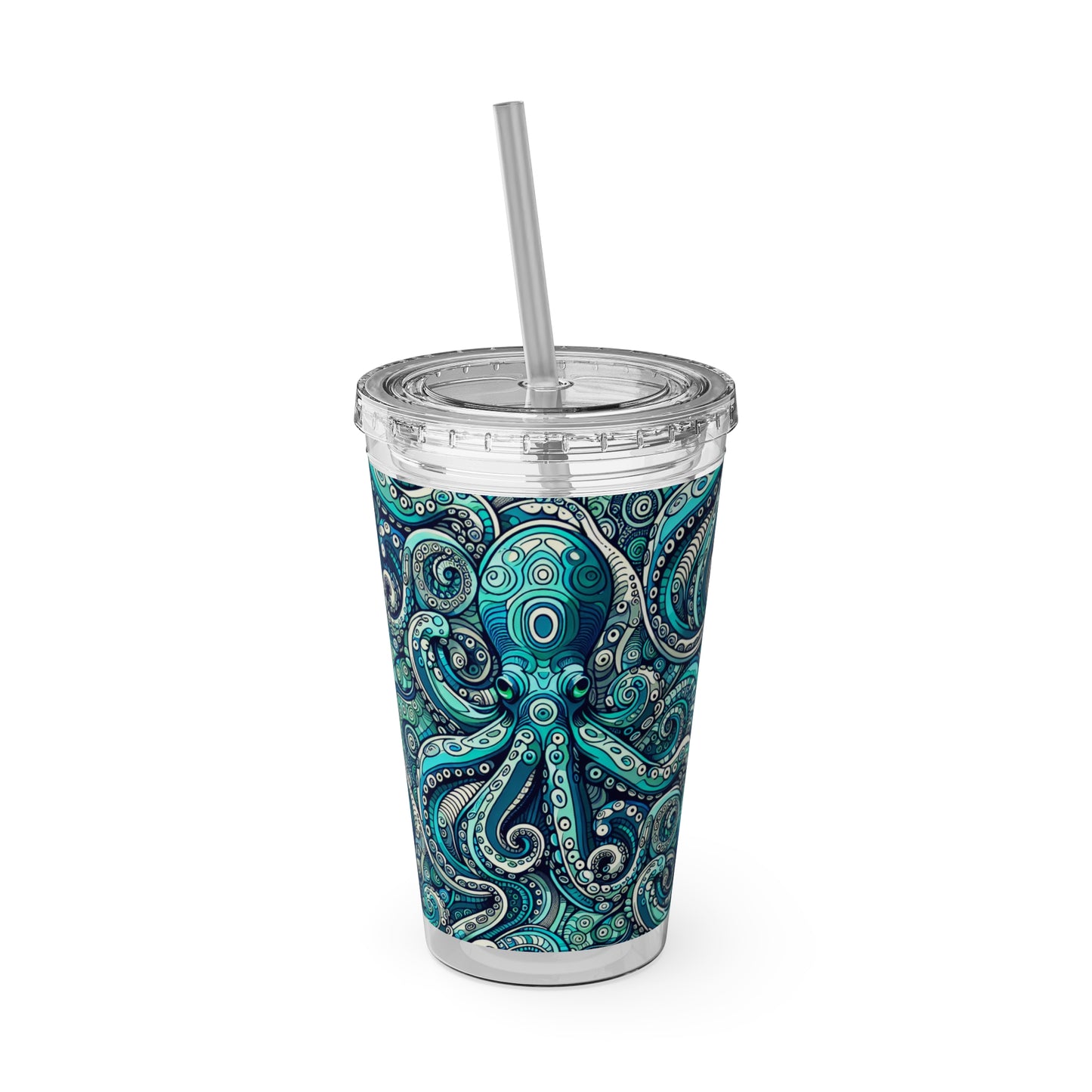 Tropical Tumbler with Straw | 16oz Colorful Travel Cup / Aqua Octopus