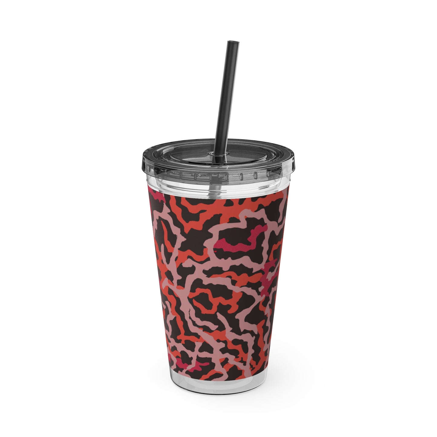 Tropical Tumbler with Straw | 16oz Colorful Travel Cup / Coral Threads, Red