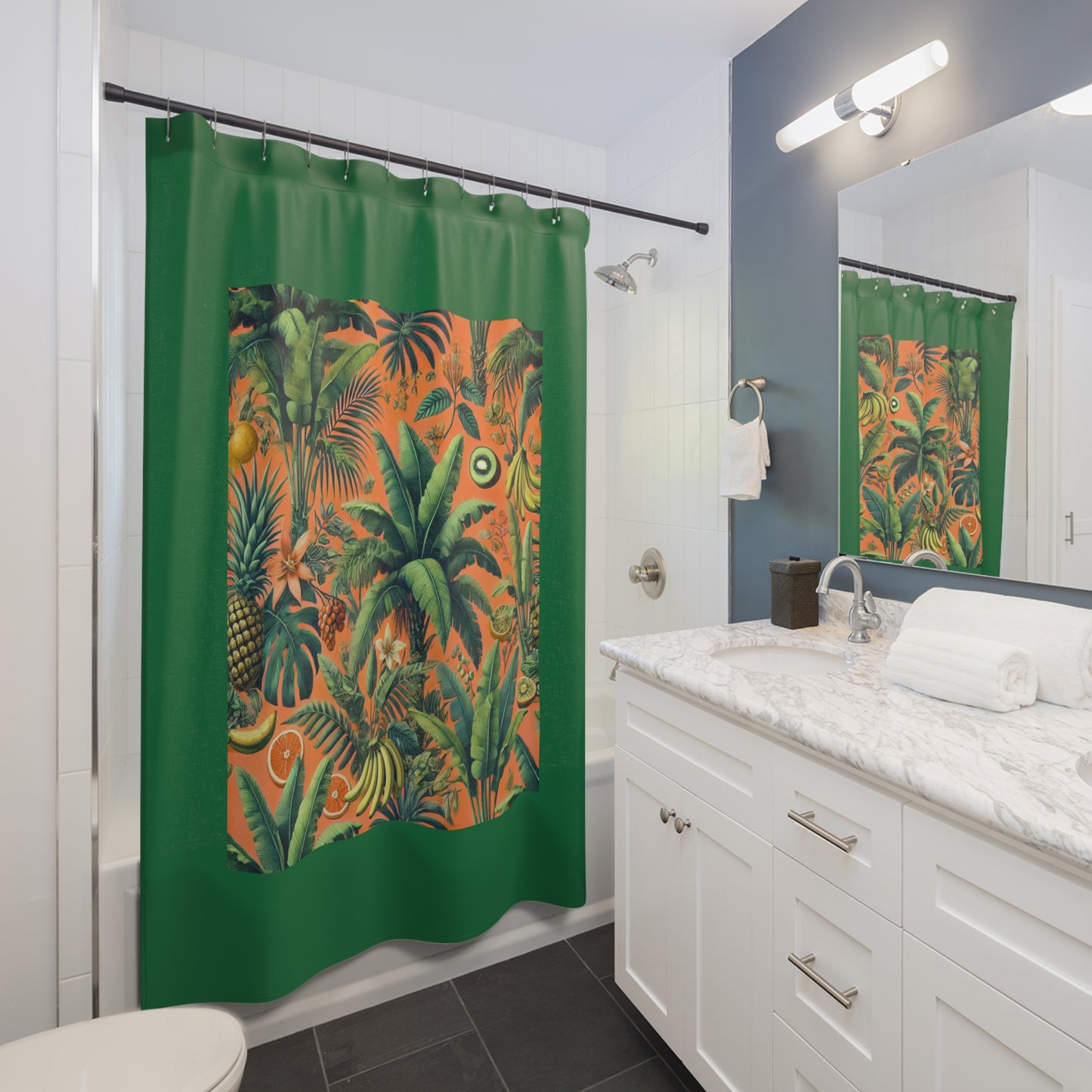 Palm Tree Shower Curtain - Ocean Bathroom Decor / Tropical Fruit/Orange, Dark Green