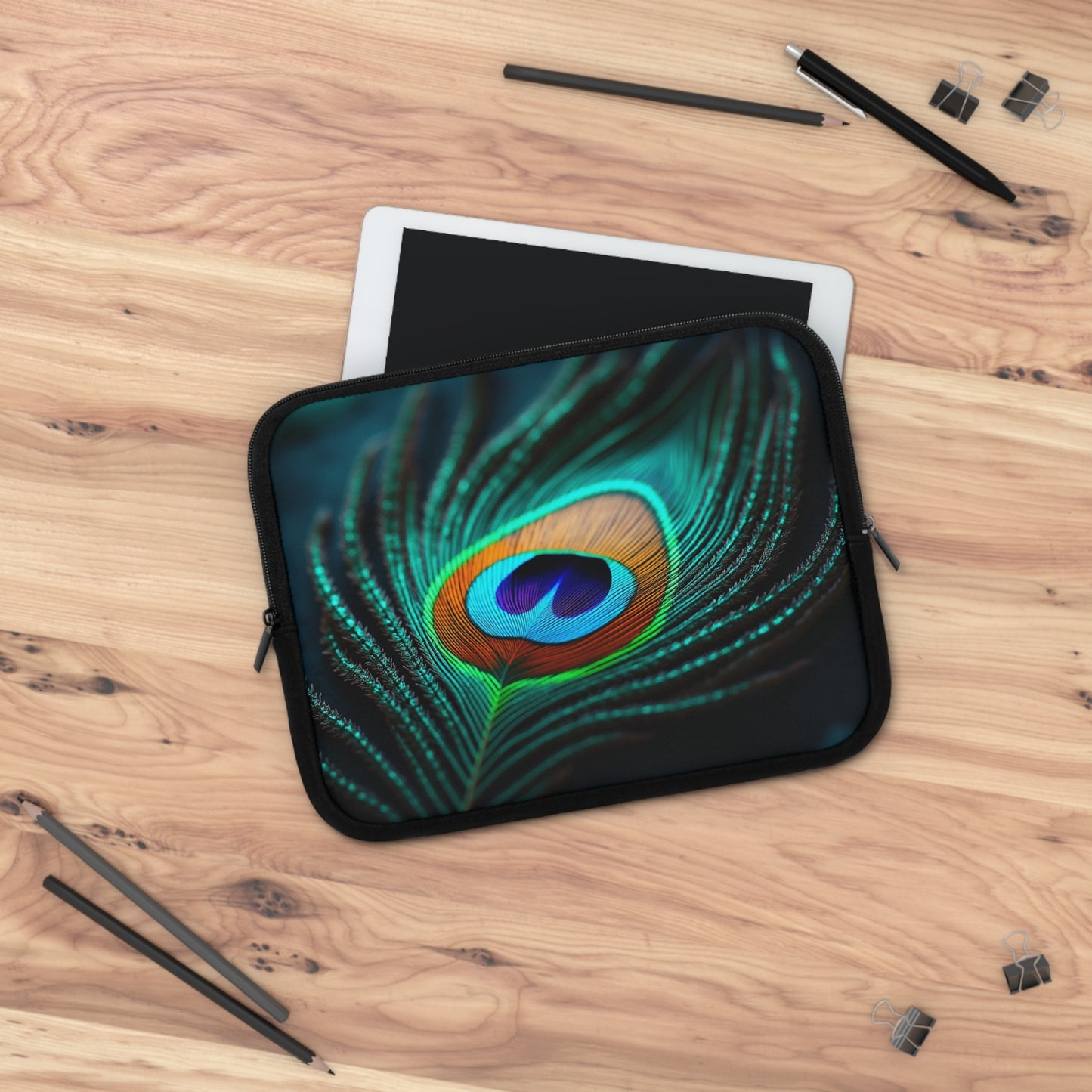 Tropical Laptop Sleeve, 5 Sizes - Perfect for Rainforest Lovers & Students / Peacock Eye Feather, Turquoise