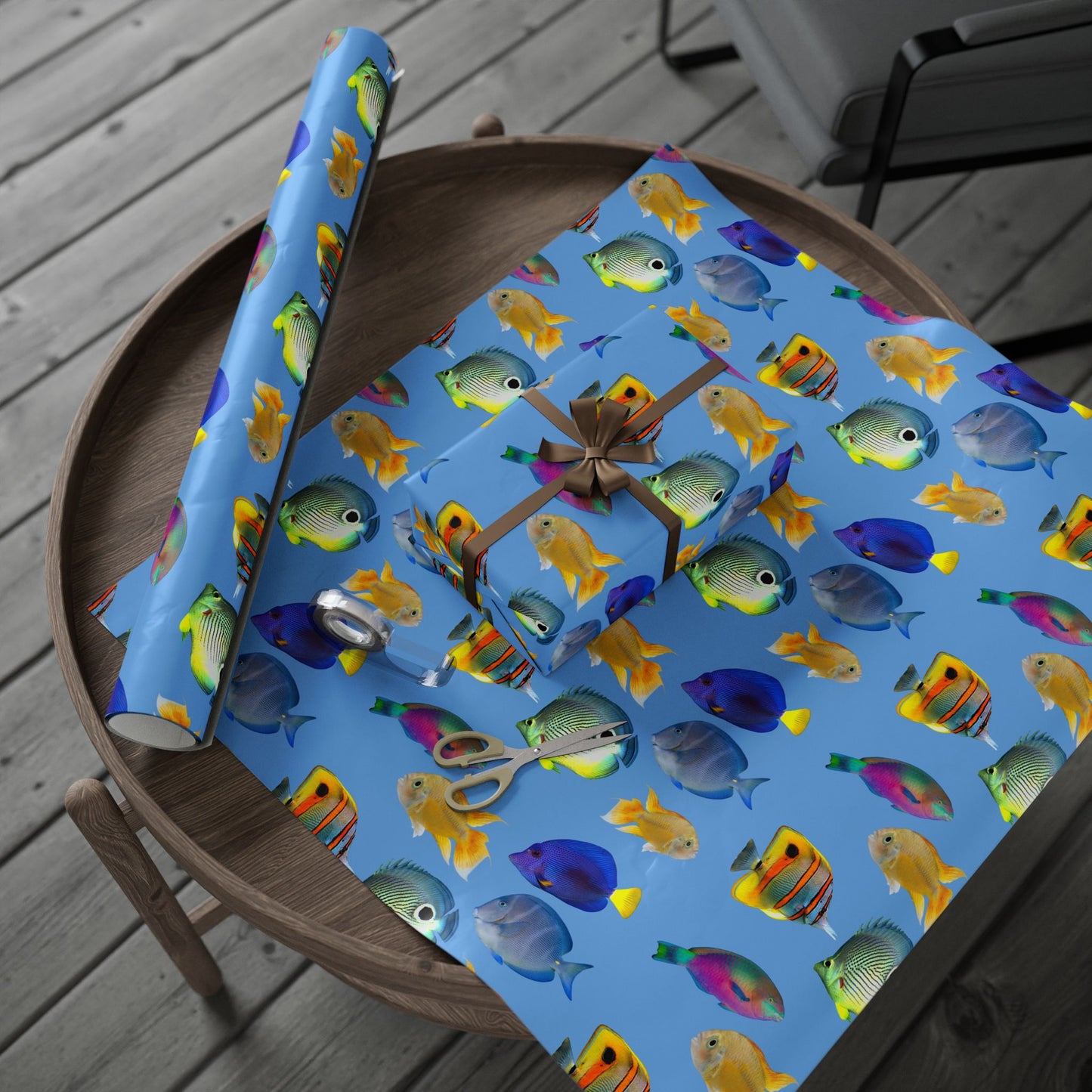 Wrapping Paper - Tropical Gift Wrap for All Occasions, 3 Sizes/2 Finishes / School of Fish, Lt. Blue