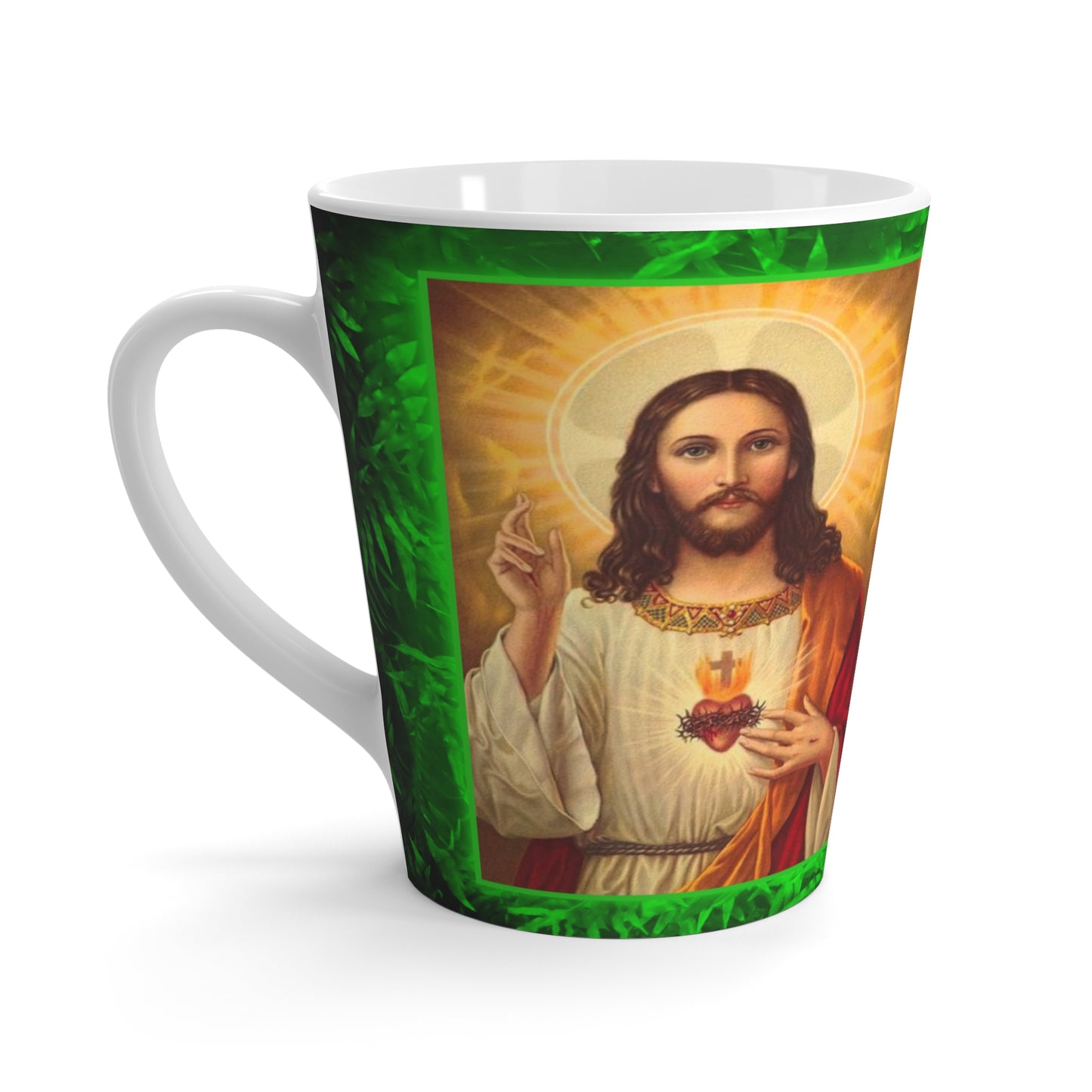 Religious Tropical Glow Jesus and Mary Latte White Mug - Perfect for Plant Lovers & Coffee Enthusiasts