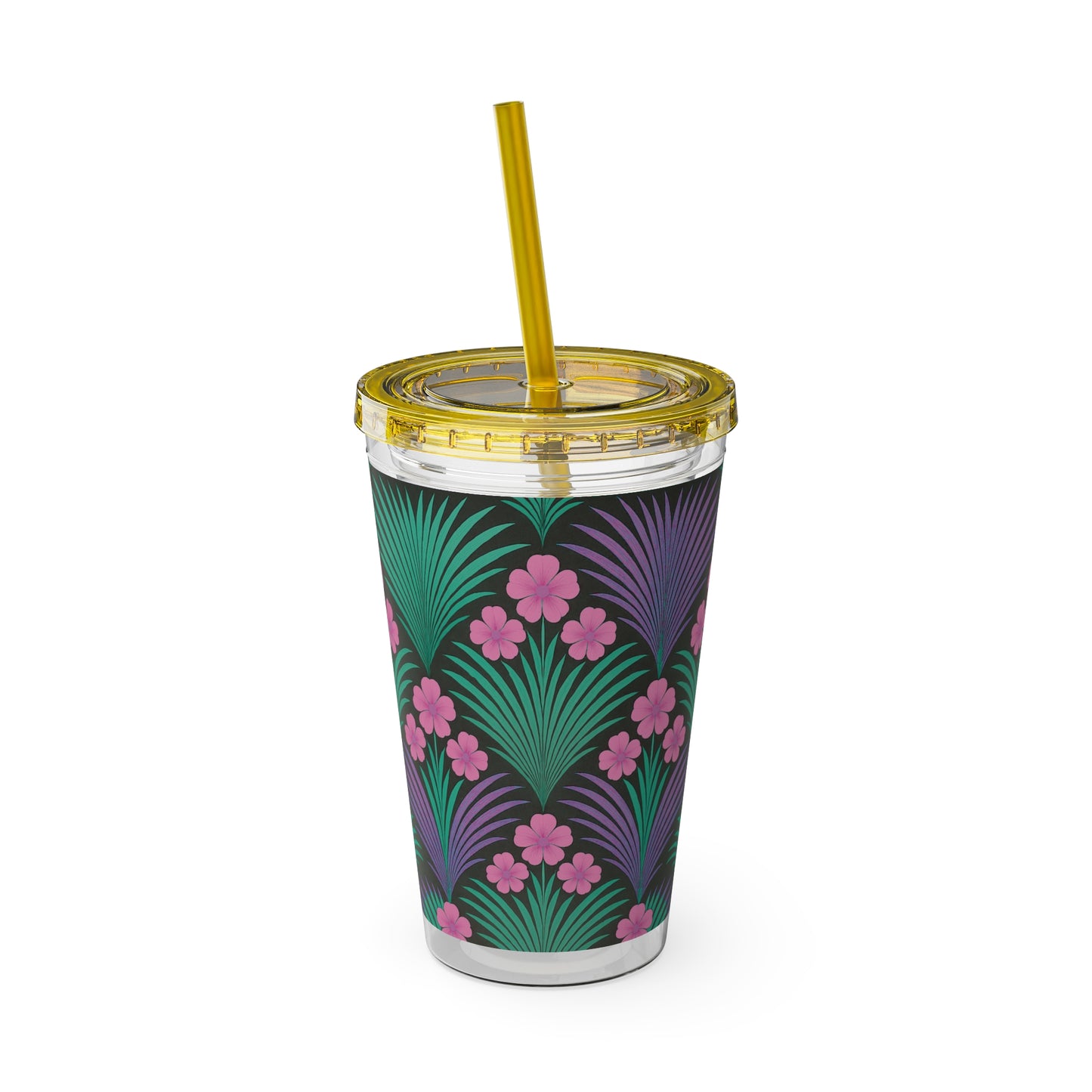 Tropical Tumbler with Straw | 16oz Colorful Travel Cup / Midnight Hibiscus Deco, Pink
